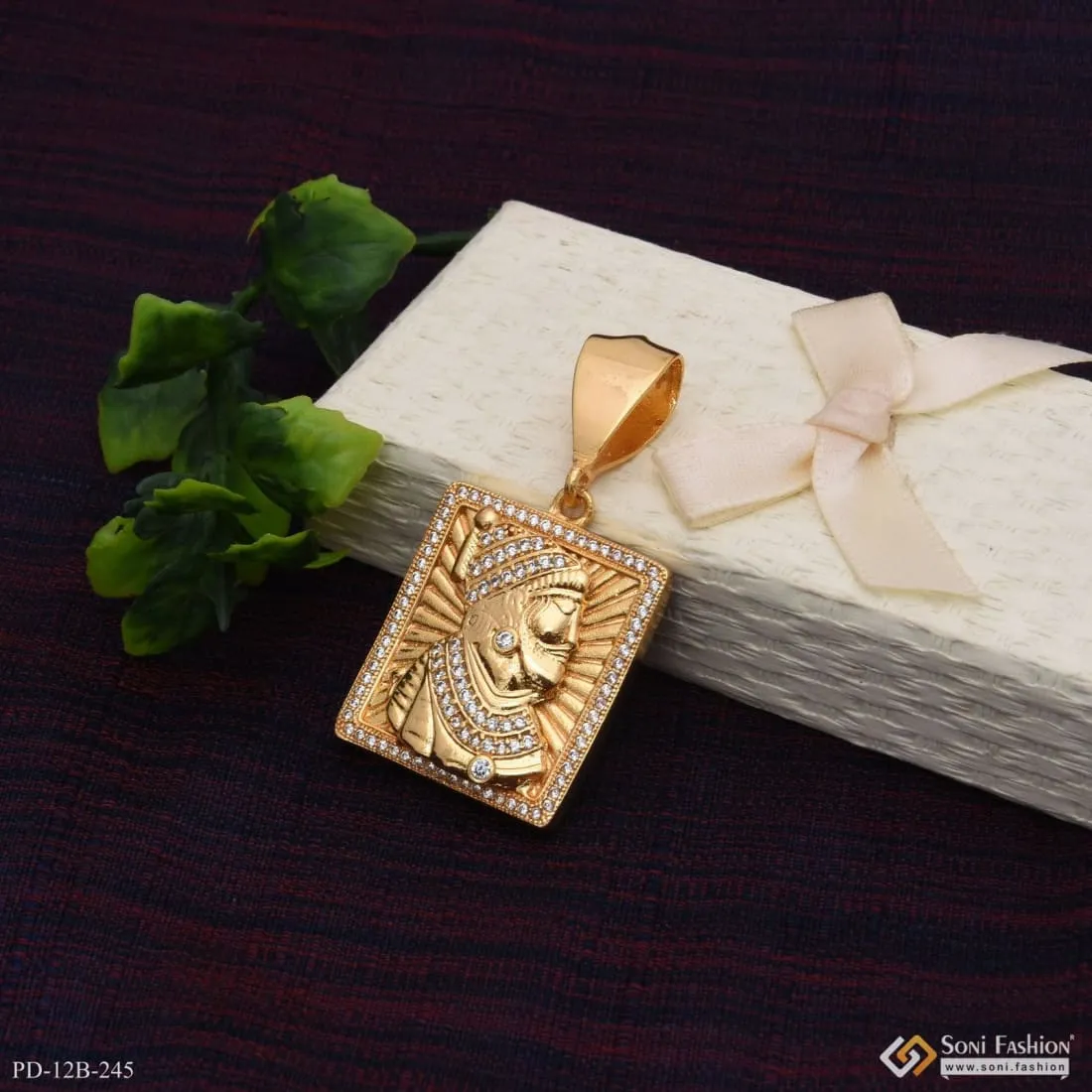 1 Gram Gold Plated Shivaji Maharaj With Diamond Sophisticated Design Pendant - Style B245