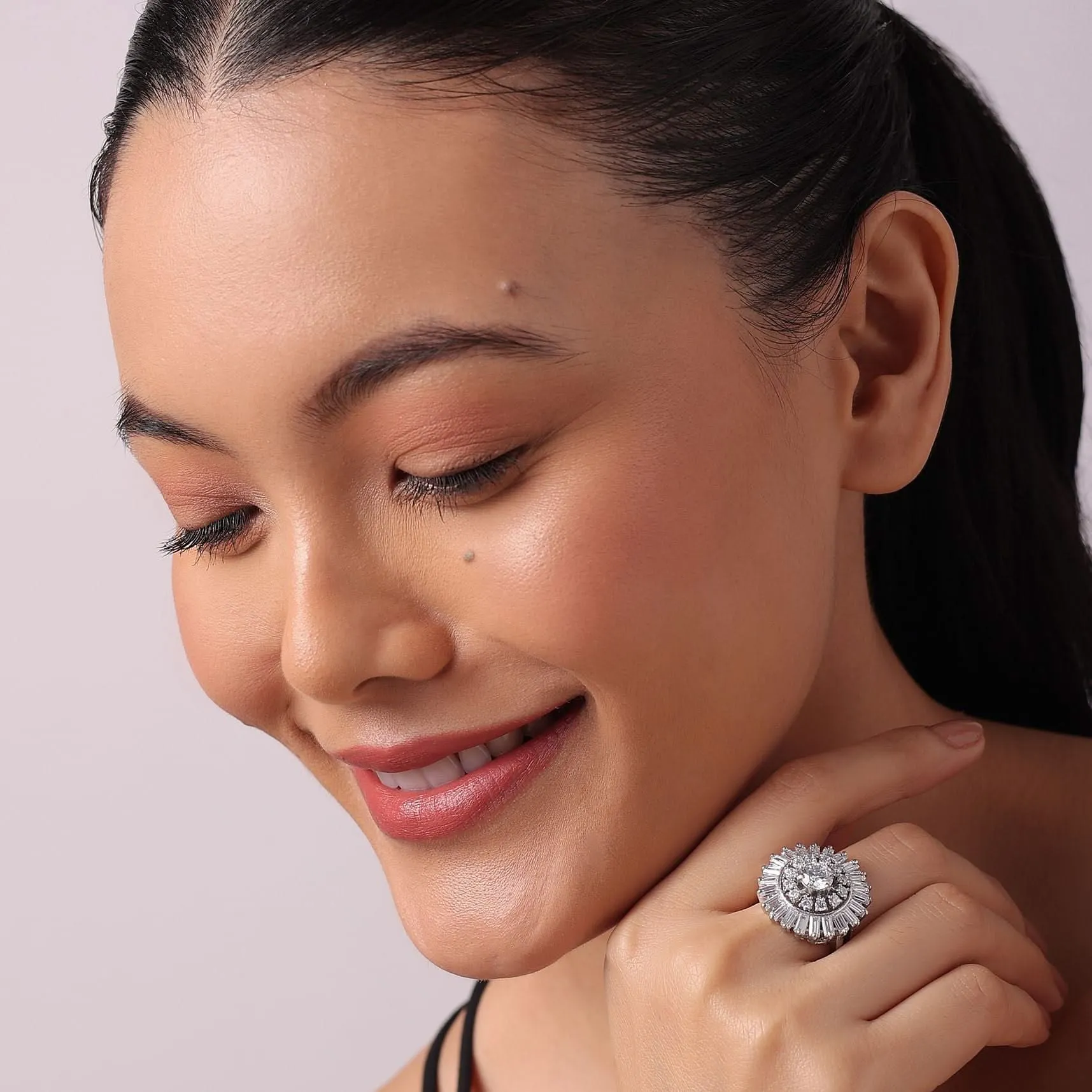 92.5 Sterling Silver Cocktail Ring with Faux Diamonds In a Floral Pattern