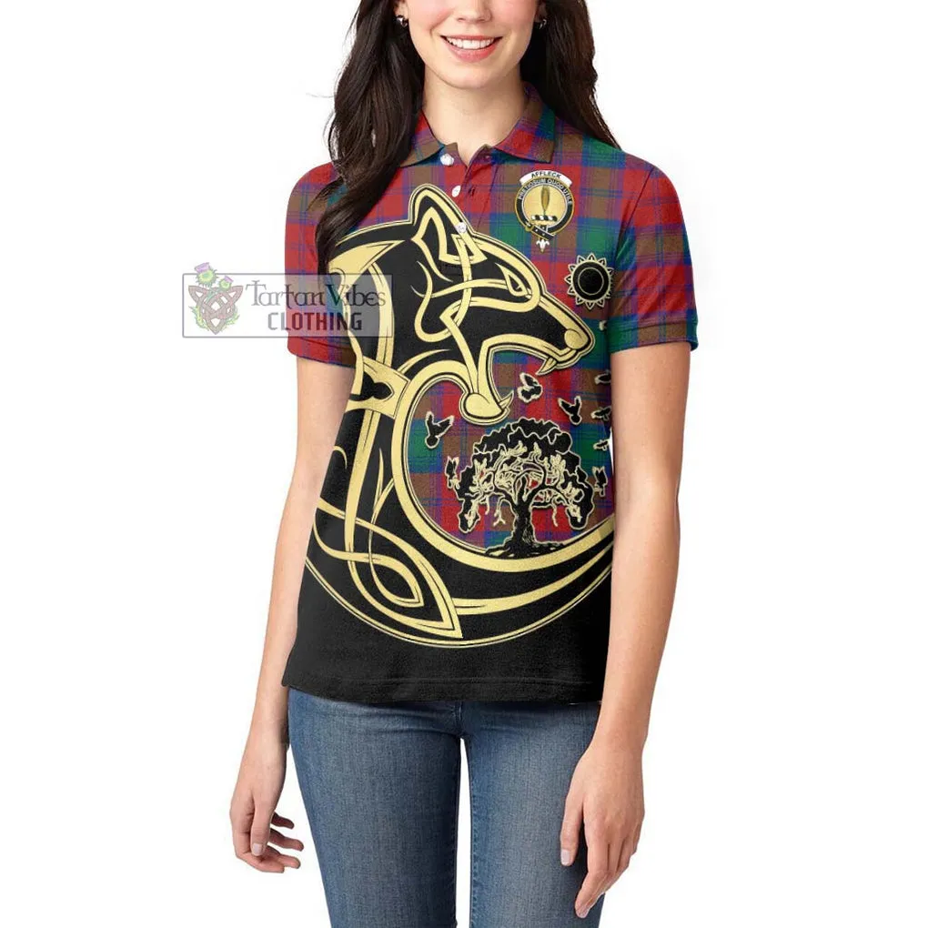 Affleck Tartan Women's Polo Shirt with Family Crest Celtic Wolf Style