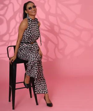 AMELIA BLACK AND WHITE JUMPSUIT WITH PINK FLOWERS