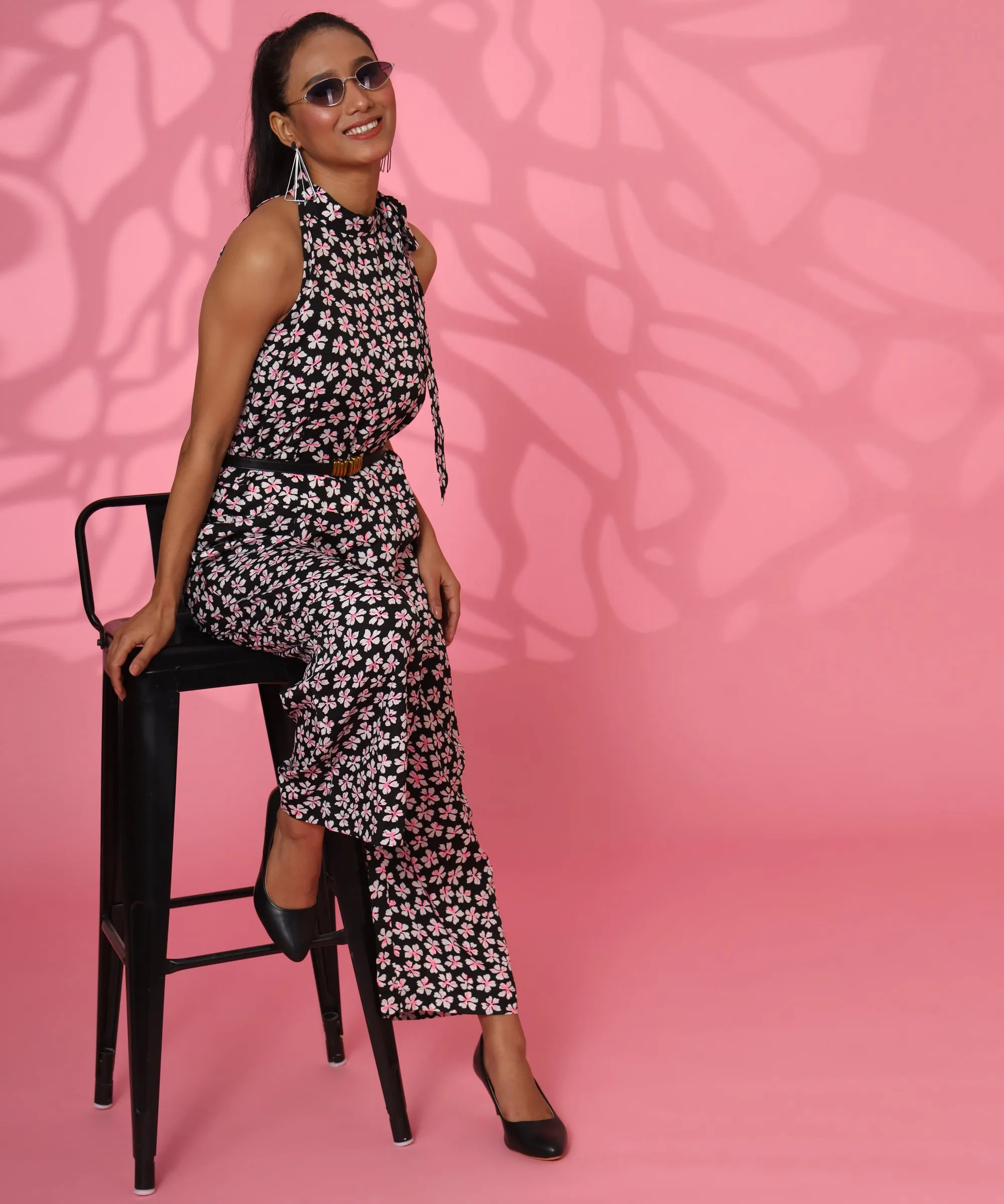 AMELIA BLACK AND WHITE JUMPSUIT WITH PINK FLOWERS