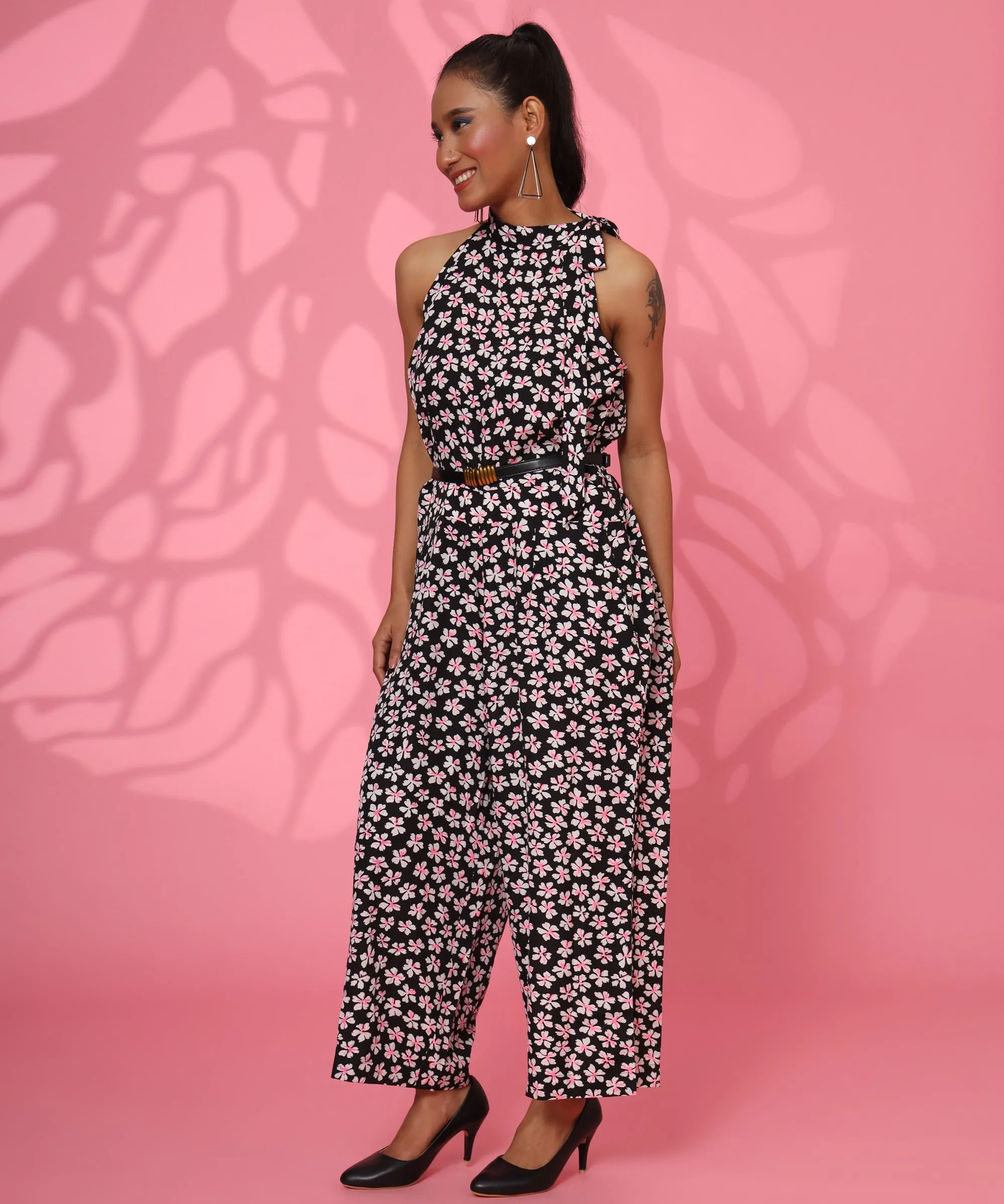 AMELIA BLACK AND WHITE JUMPSUIT WITH PINK FLOWERS