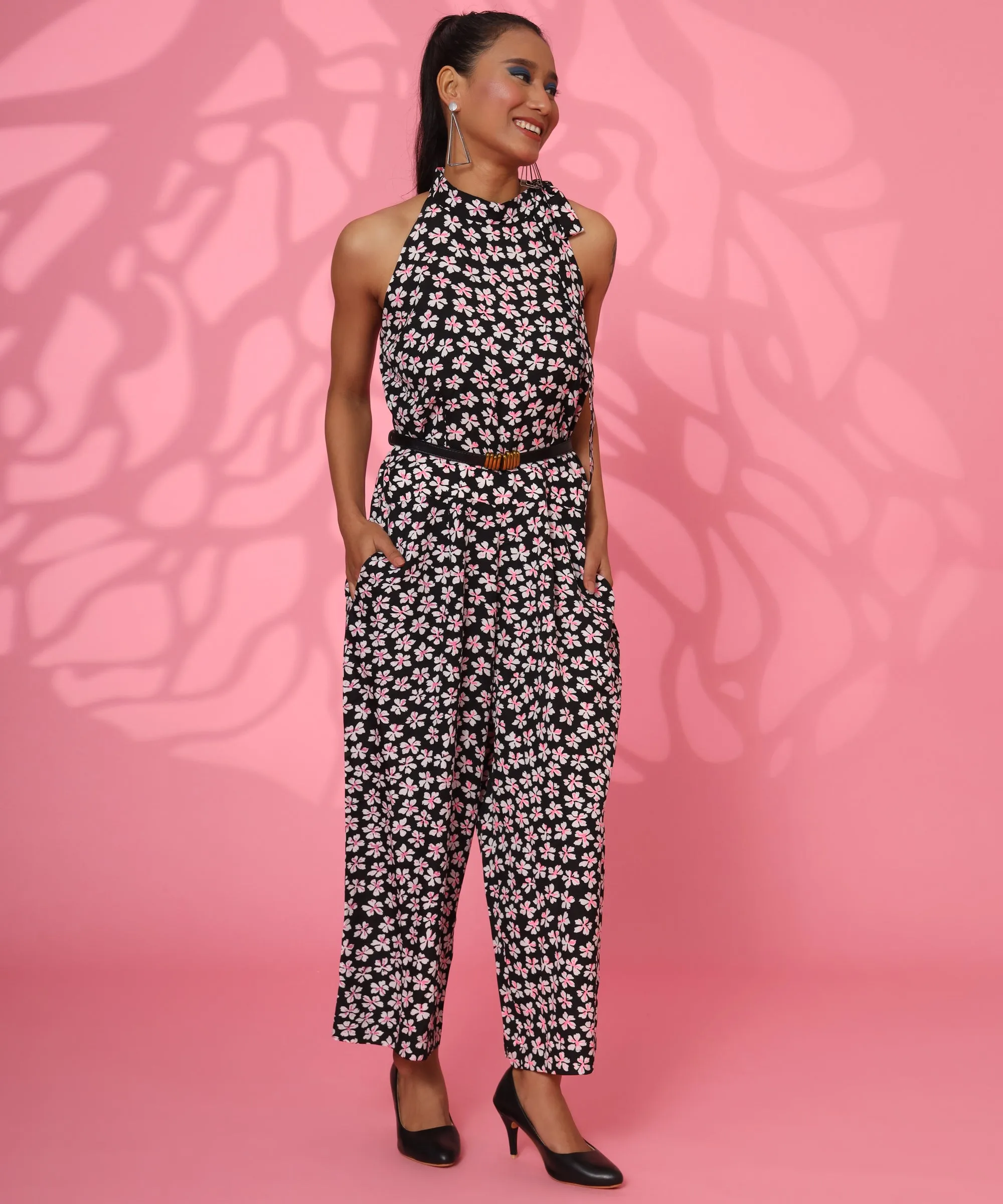 AMELIA BLACK AND WHITE JUMPSUIT WITH PINK FLOWERS