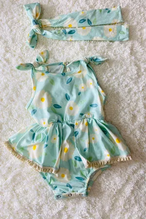 Aqua floral lace baby romper & headband DLH2406