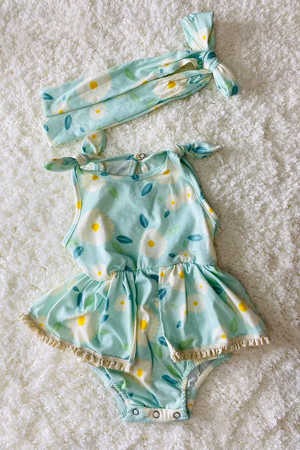Aqua floral lace baby romper & headband DLH2406