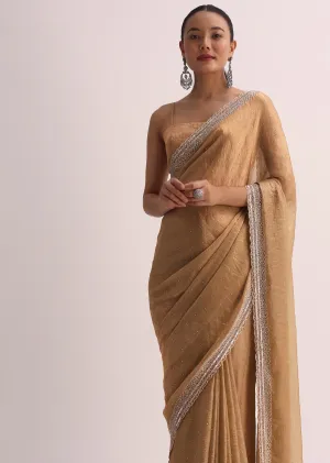 Beige Gold Saree With Cutdana Border And Unstitched Blouse