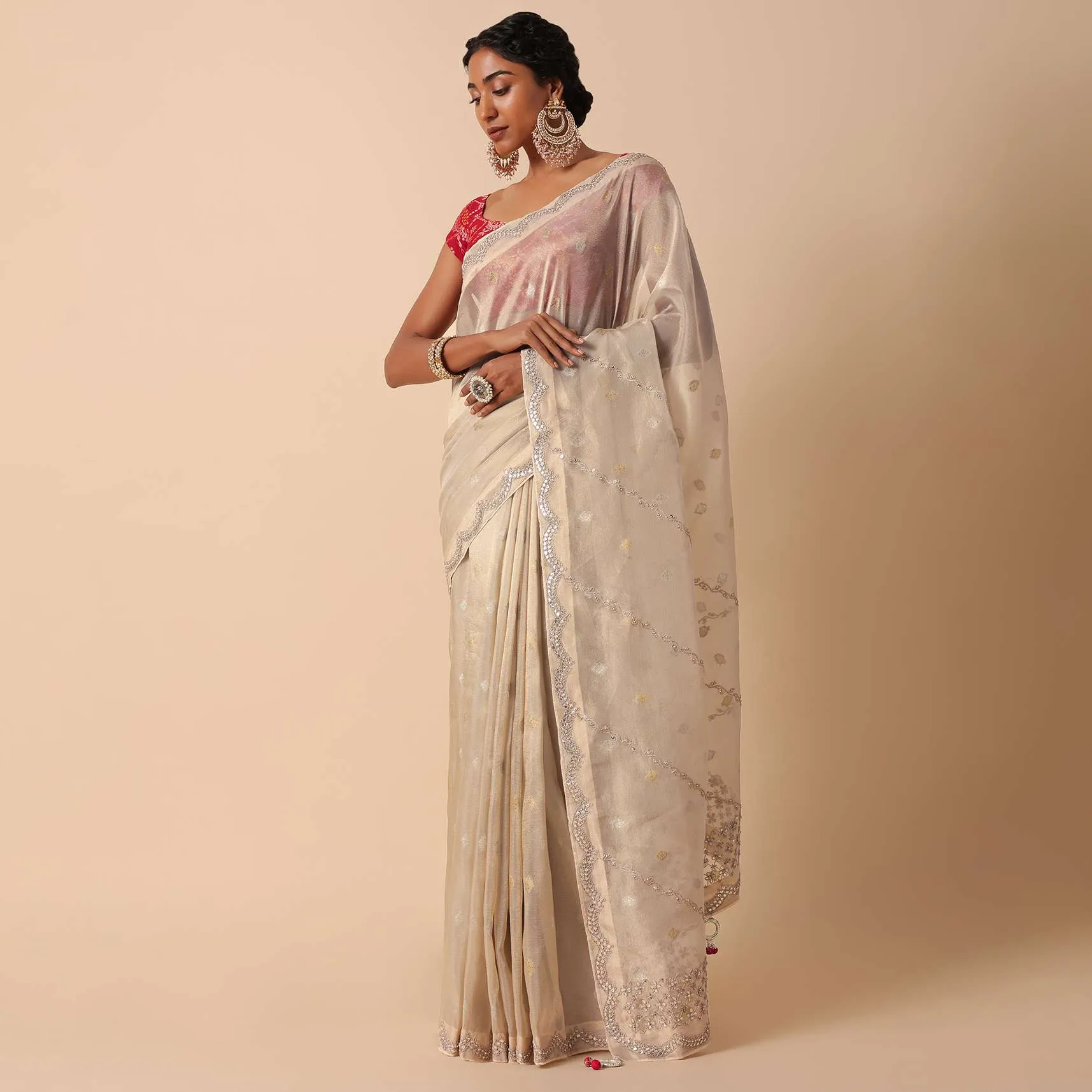 Beige Kora Silk Saree With Gota Patti Embroidery