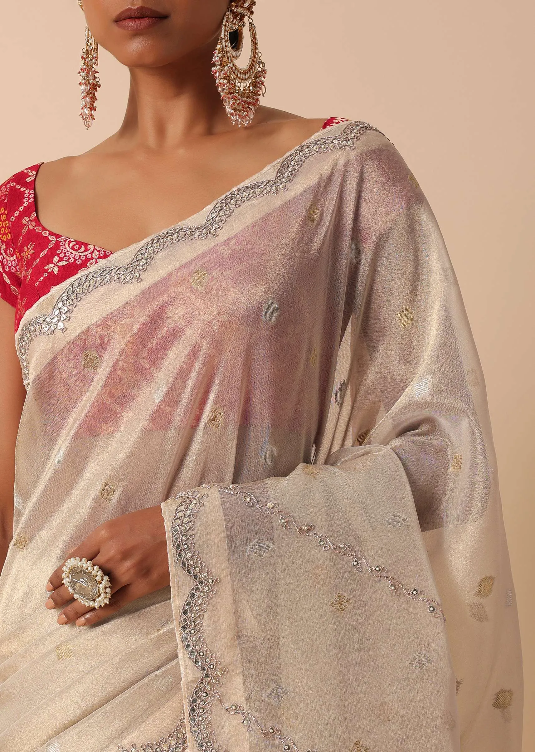 Beige Kora Silk Saree With Gota Patti Embroidery