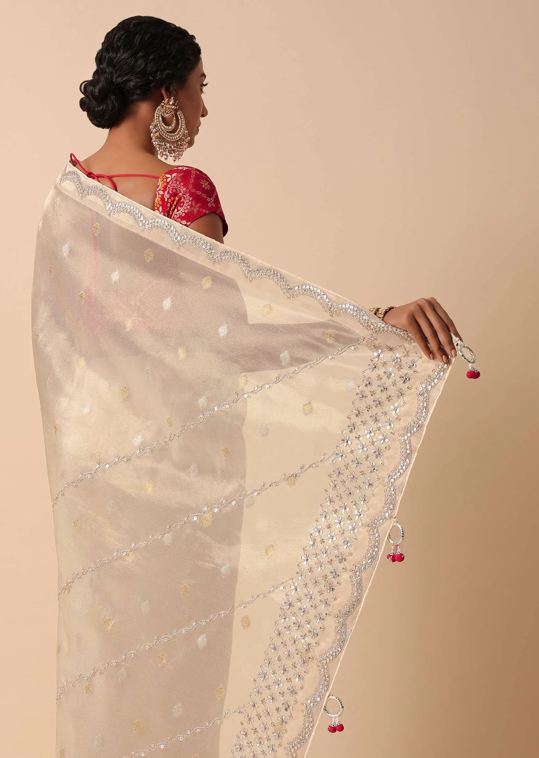 Beige Kora Silk Saree With Gota Patti Embroidery