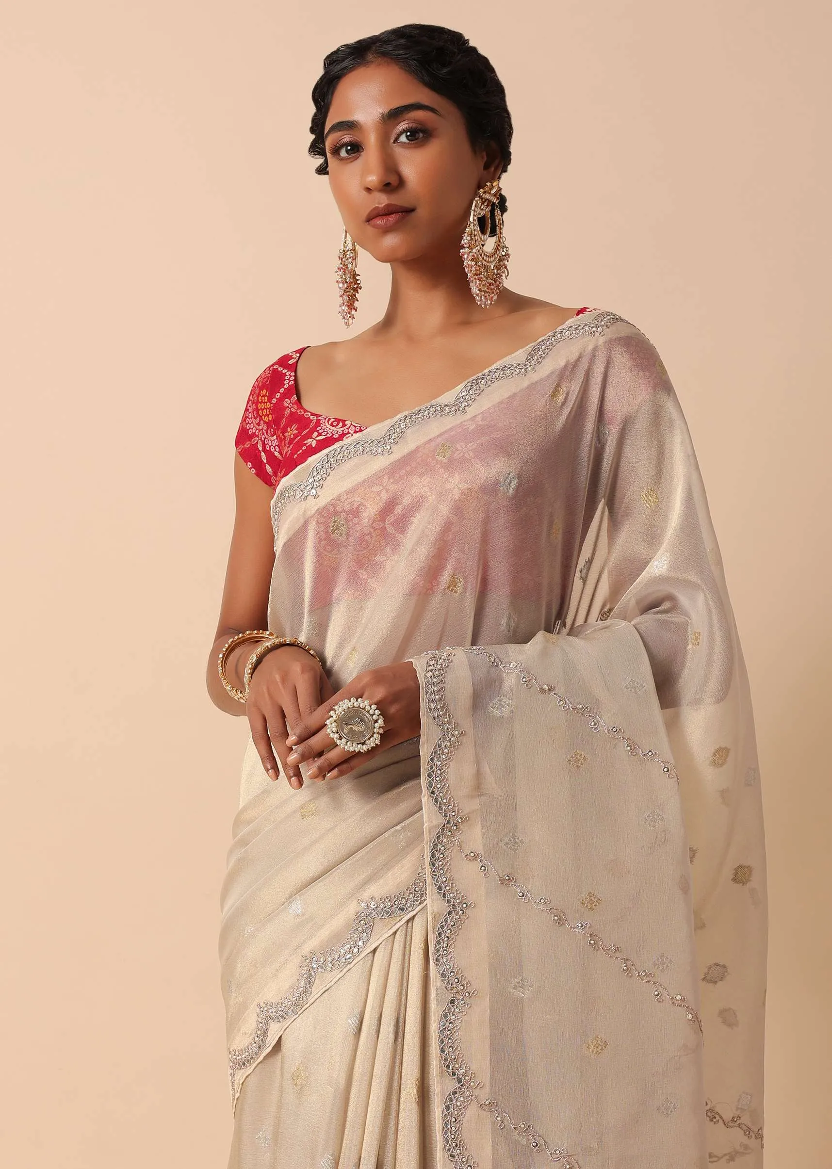 Beige Kora Silk Saree With Gota Patti Embroidery