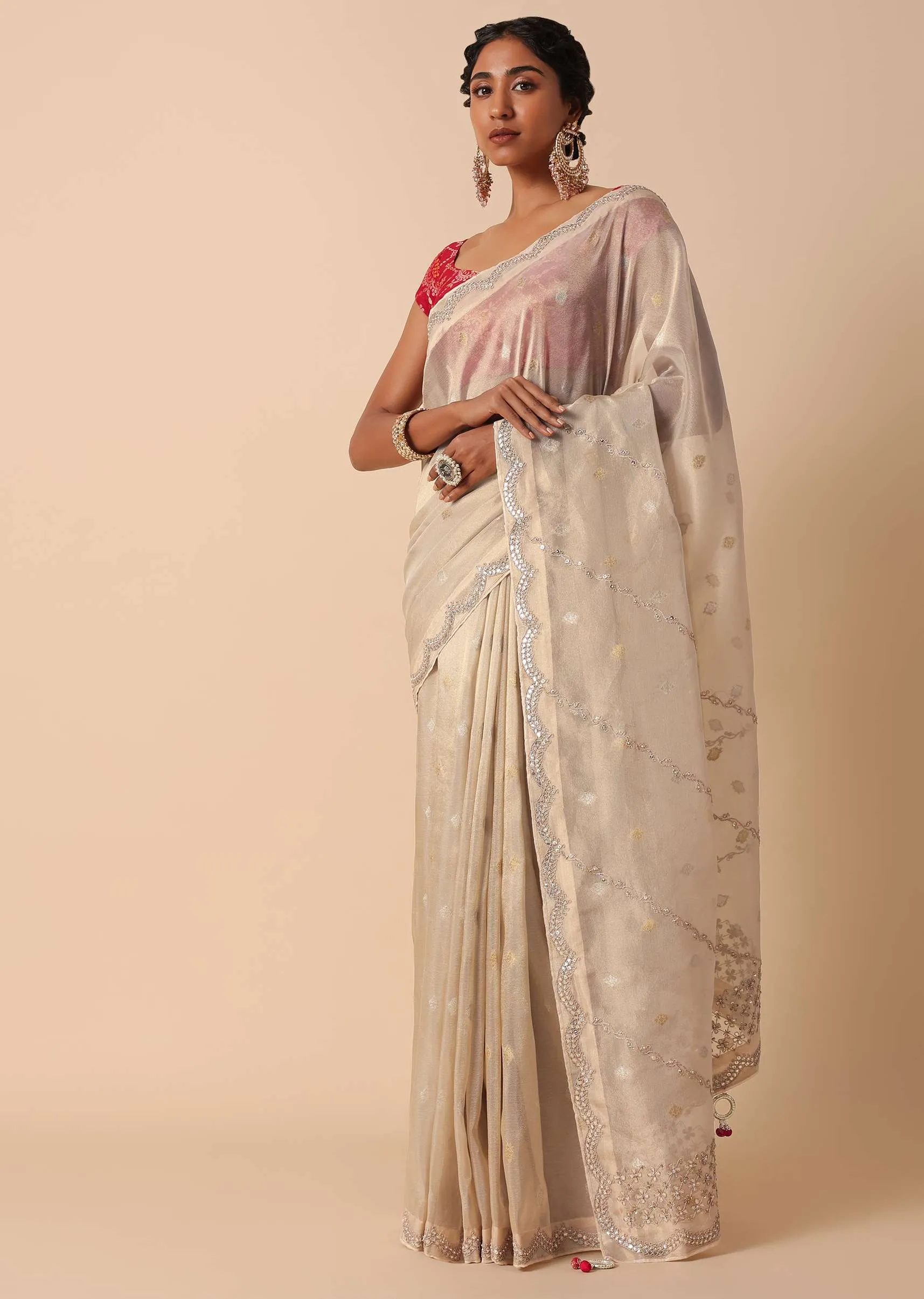 Beige Kora Silk Saree With Gota Patti Embroidery