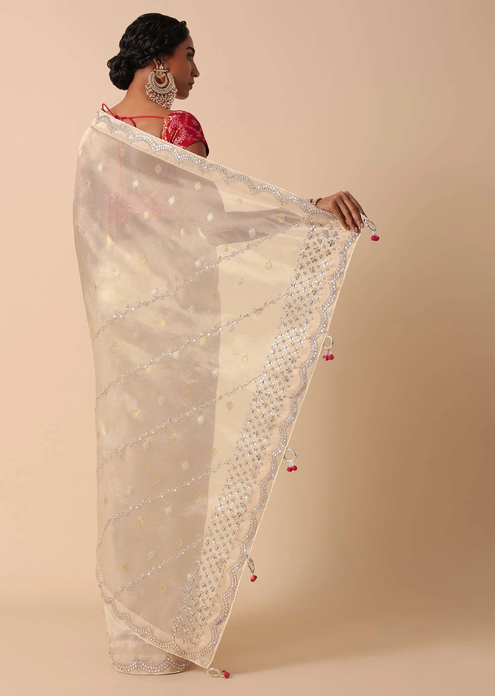 Beige Kora Silk Saree With Gota Patti Embroidery