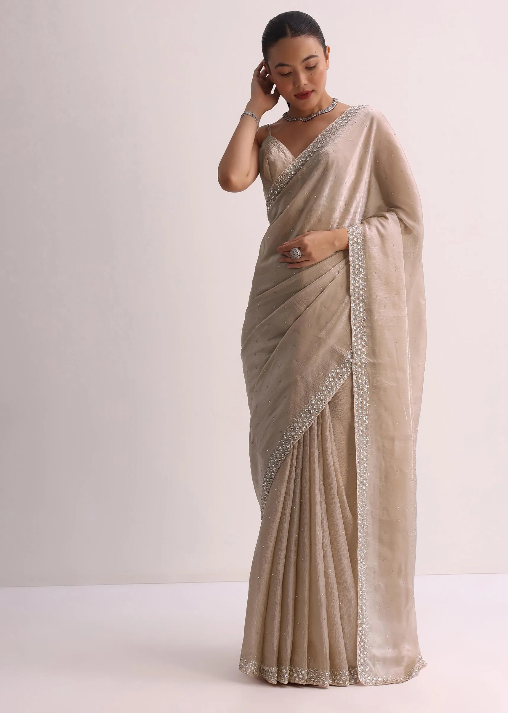 Beige Saree With Cutdana Border And Unstitched Blouse
