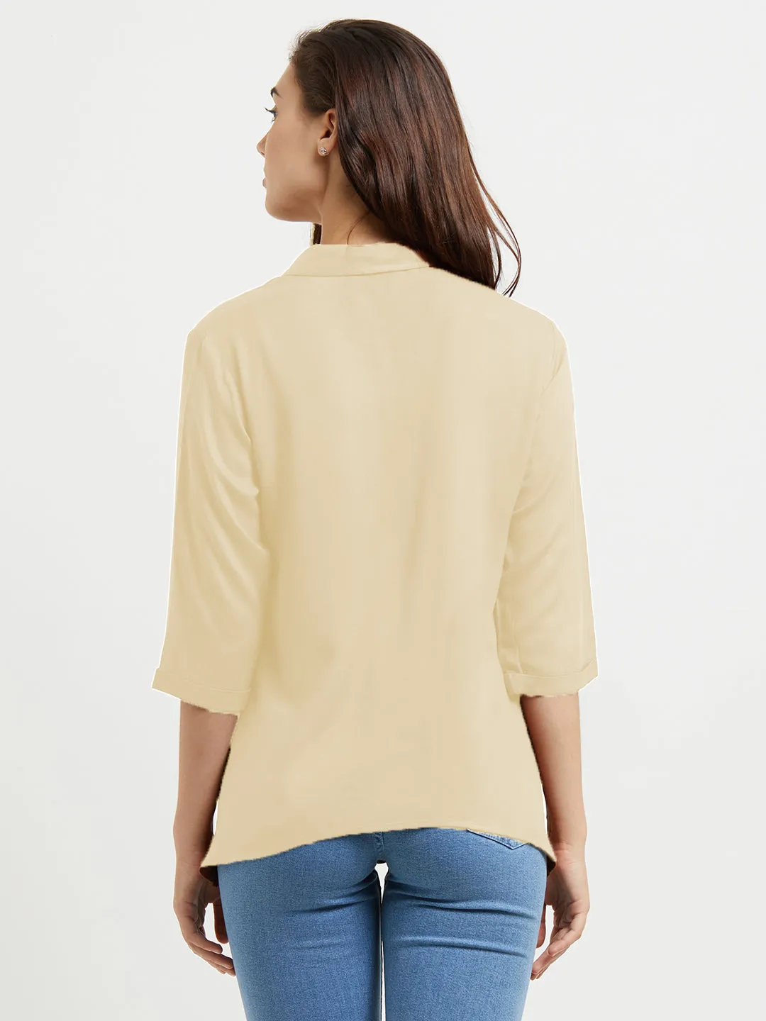 Beige Solid Shirt With Tie Up At Neck
