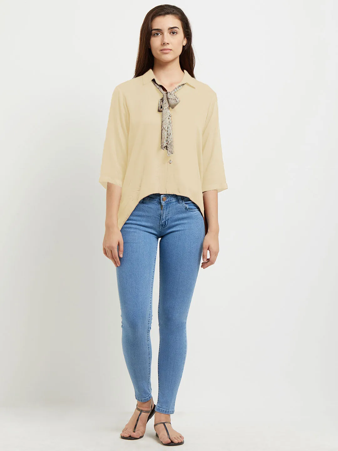 Beige Solid Shirt With Tie Up At Neck