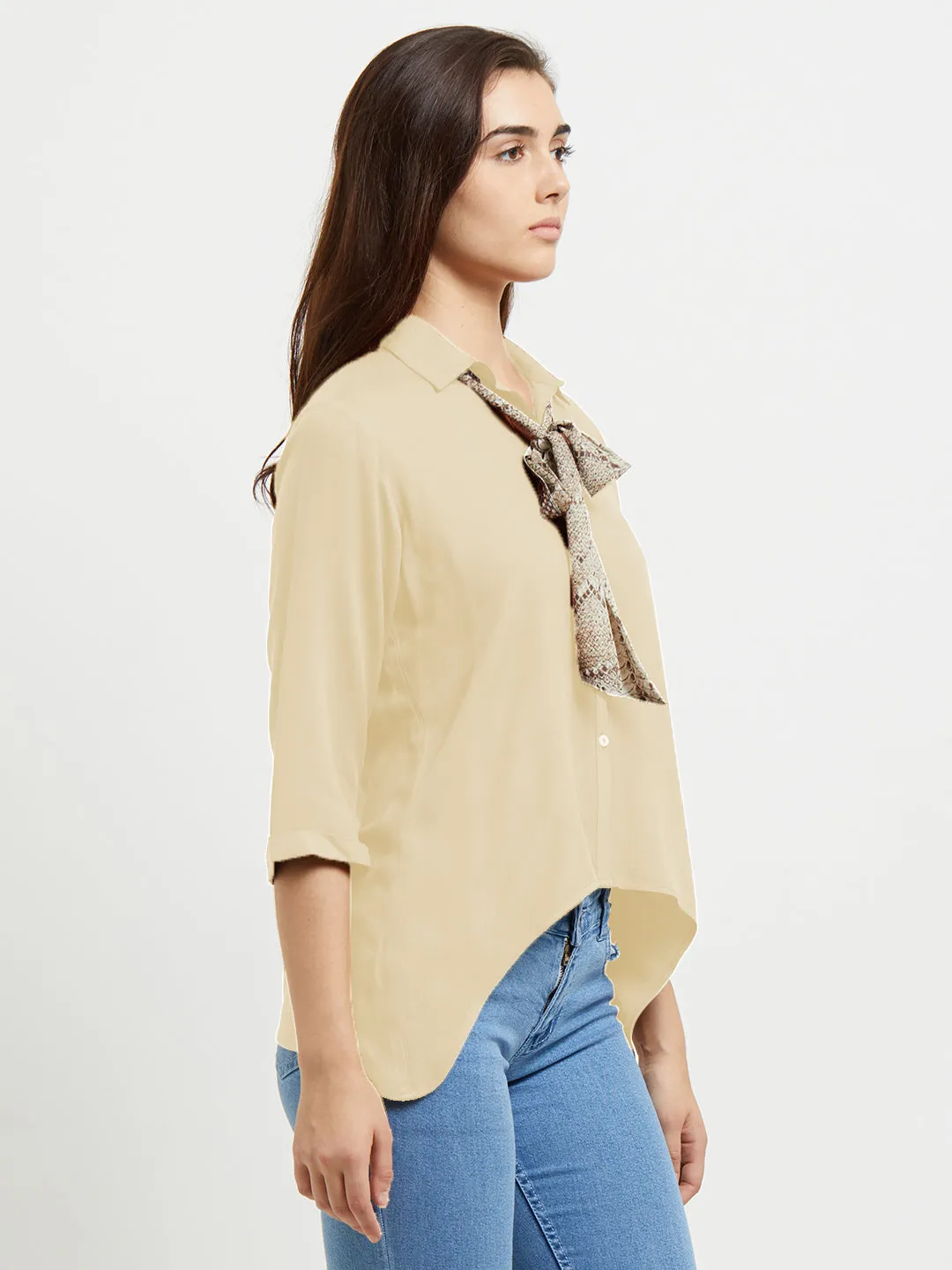Beige Solid Shirt With Tie Up At Neck