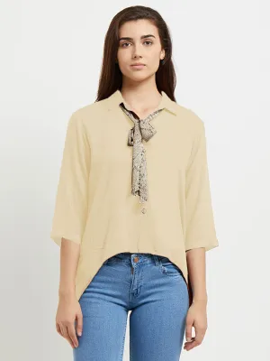 Beige Solid Shirt With Tie Up At Neck