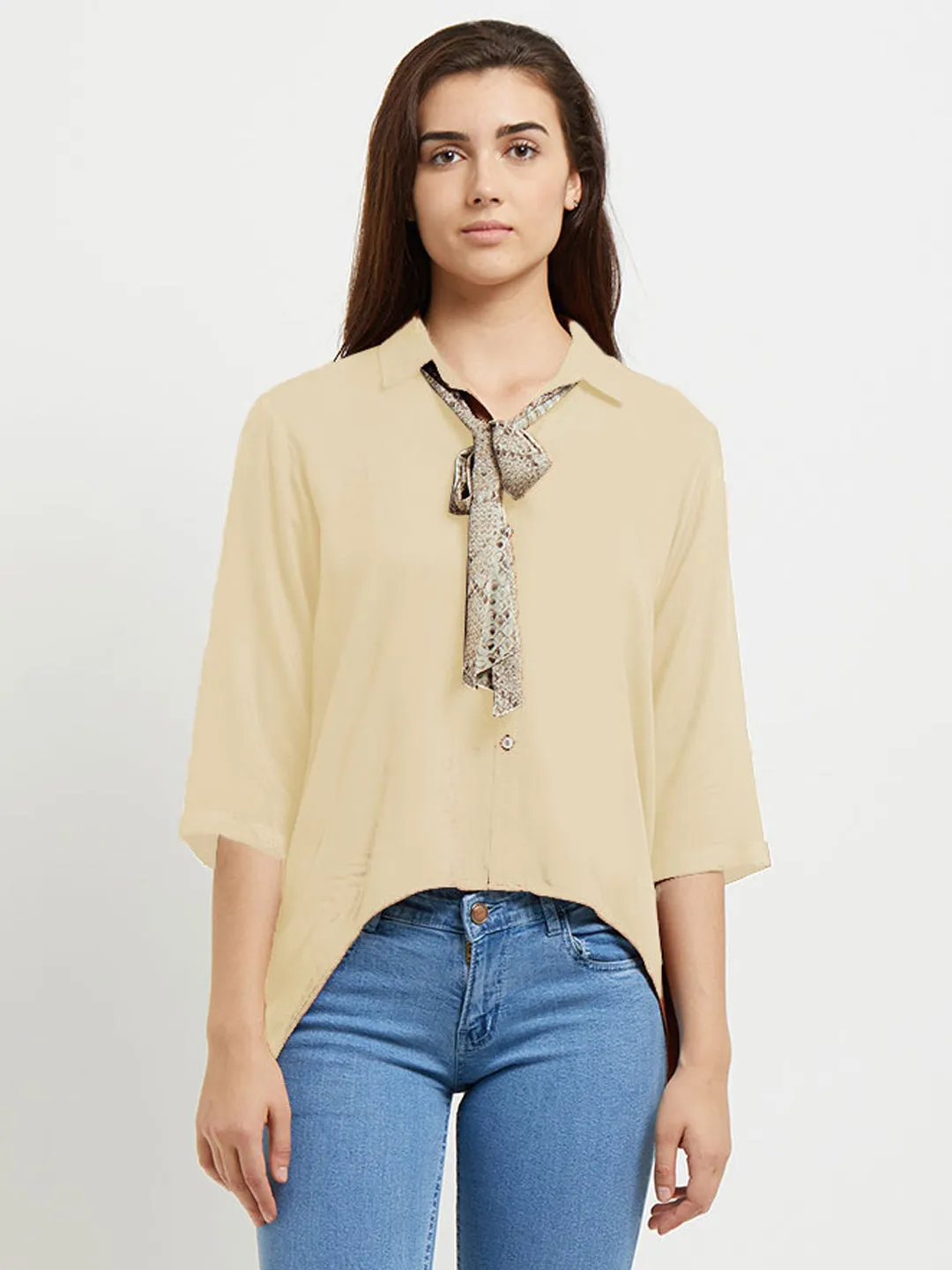 Beige Solid Shirt With Tie Up At Neck