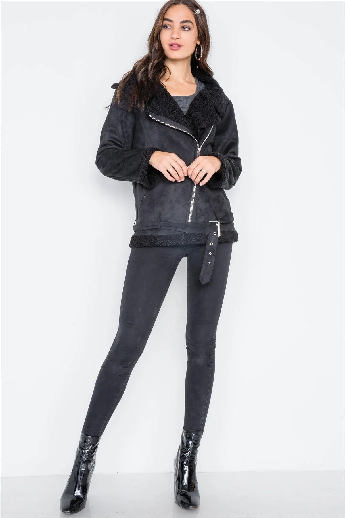 Black Faux Fur Moto Zip-Front Jacket /2-2-2