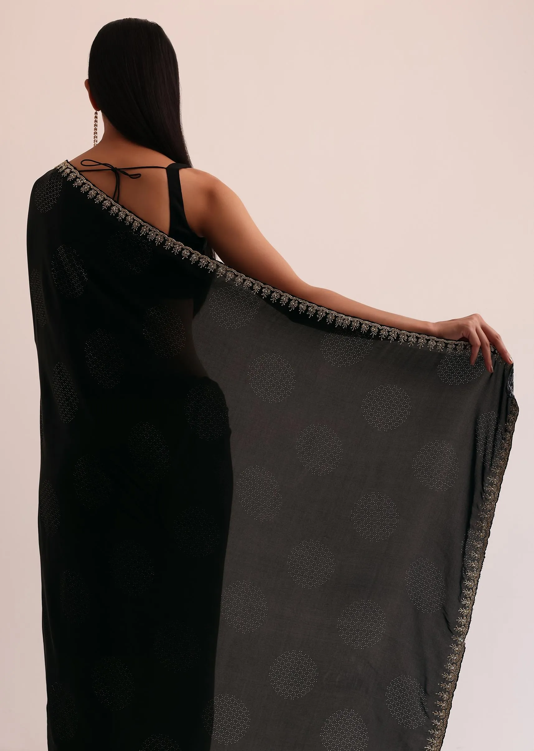 Black Satin Saree With Stone Embroidery And Unstitched Blouse