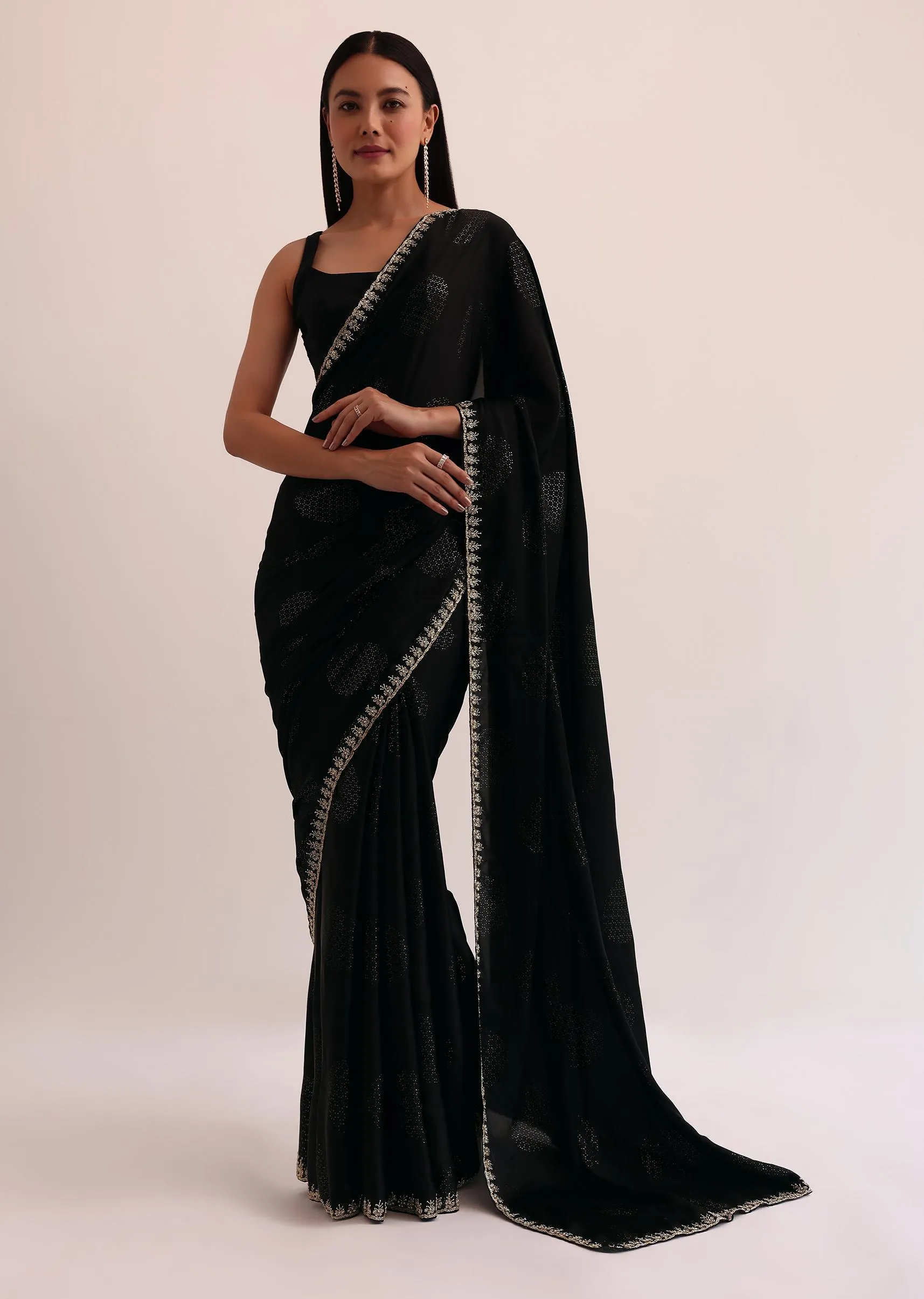 Black Satin Saree With Stone Embroidery And Unstitched Blouse