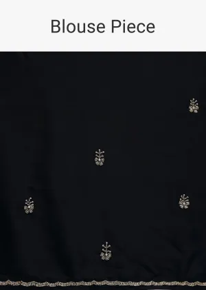 Black Satin Saree With Stone Embroidery And Unstitched Blouse