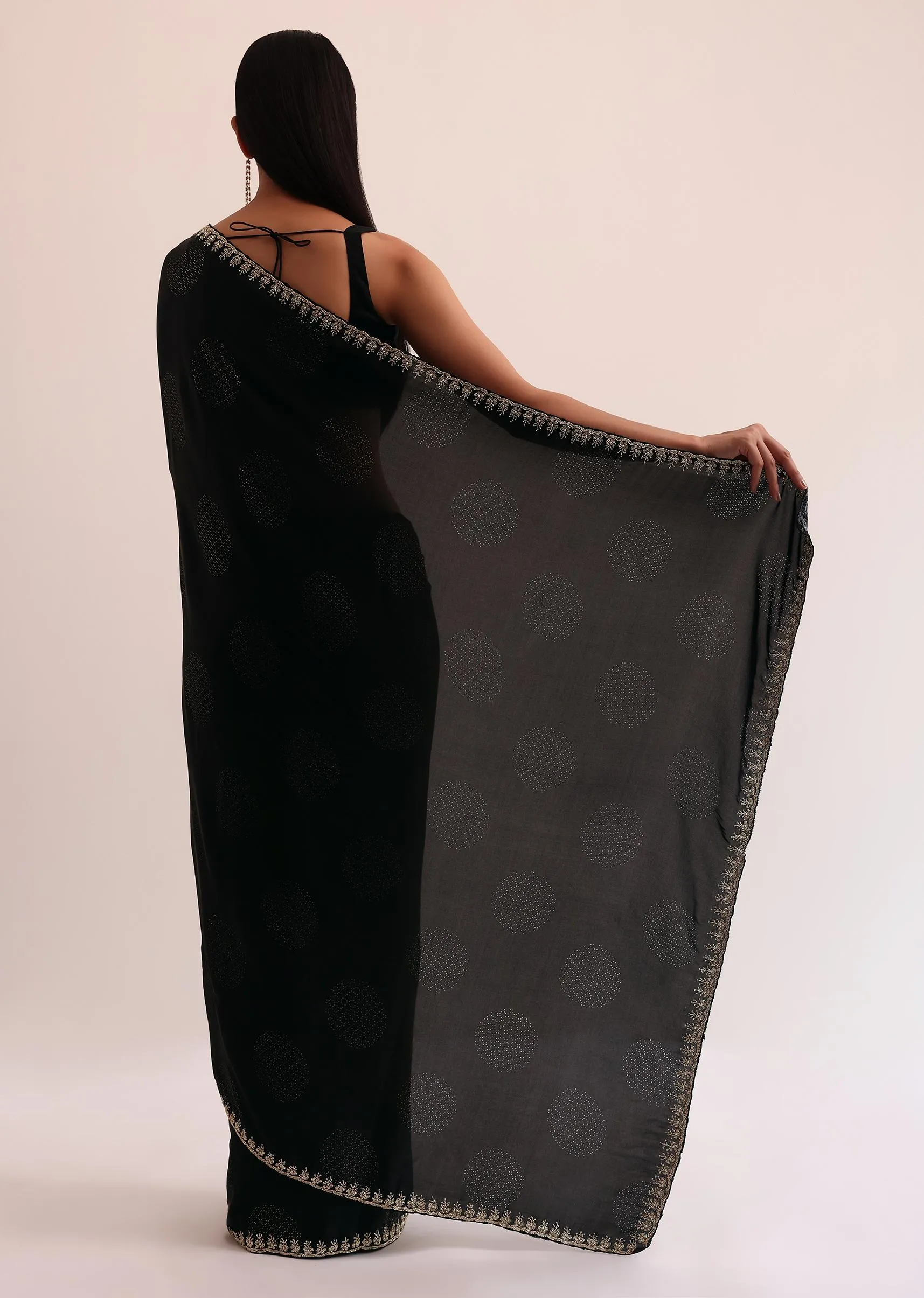 Black Satin Saree With Stone Embroidery And Unstitched Blouse