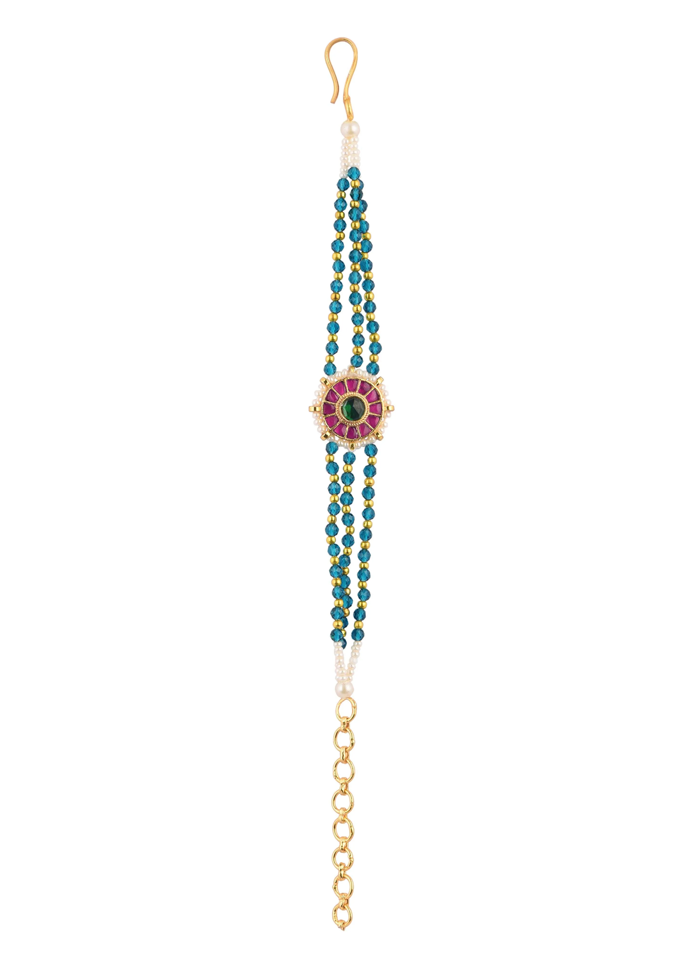 Blue And Red Kundan Studded Bracelet With Pearls In Mix Metal