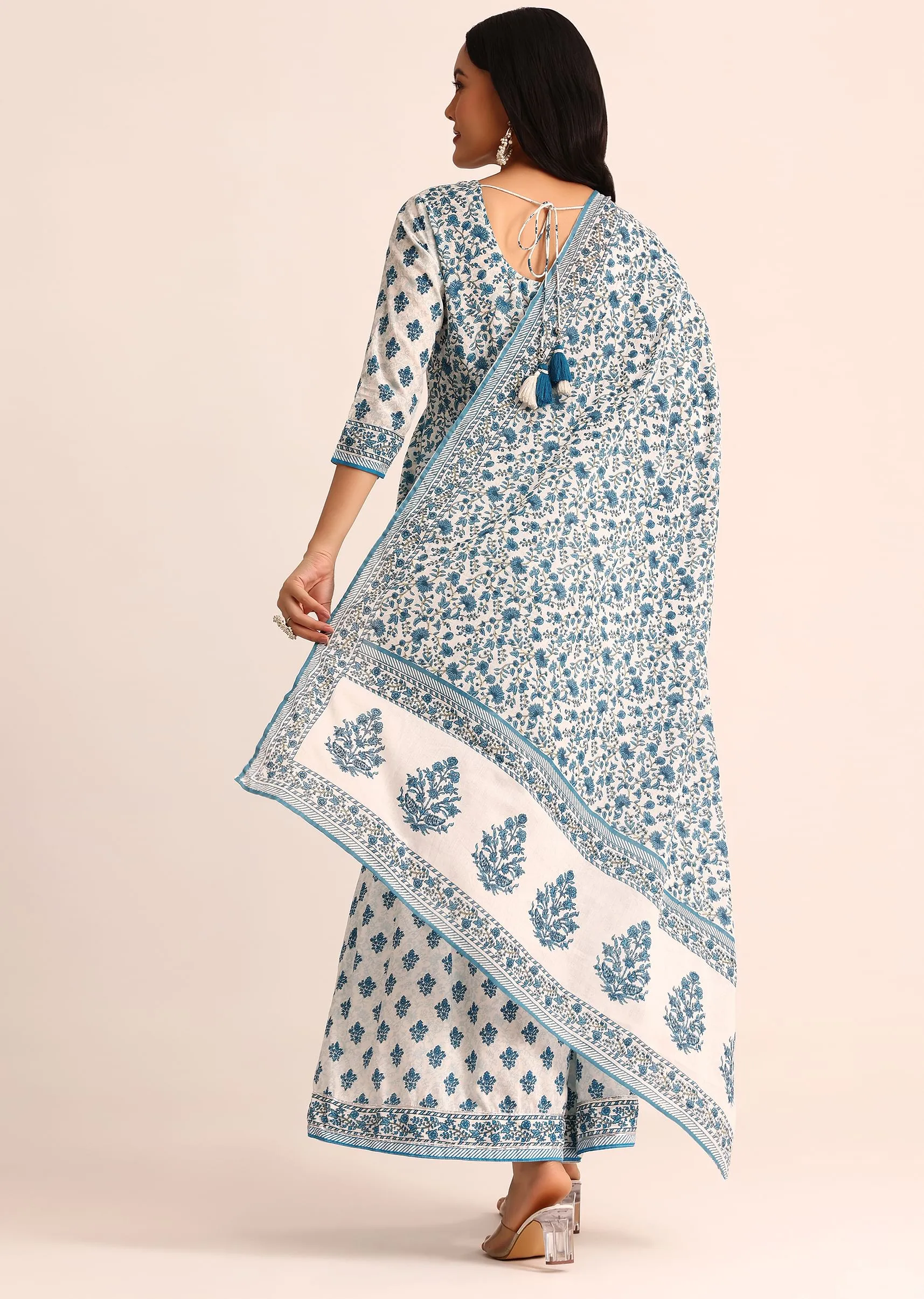 Blue And White Printed Cotton Kurta Sharara With Dupatta