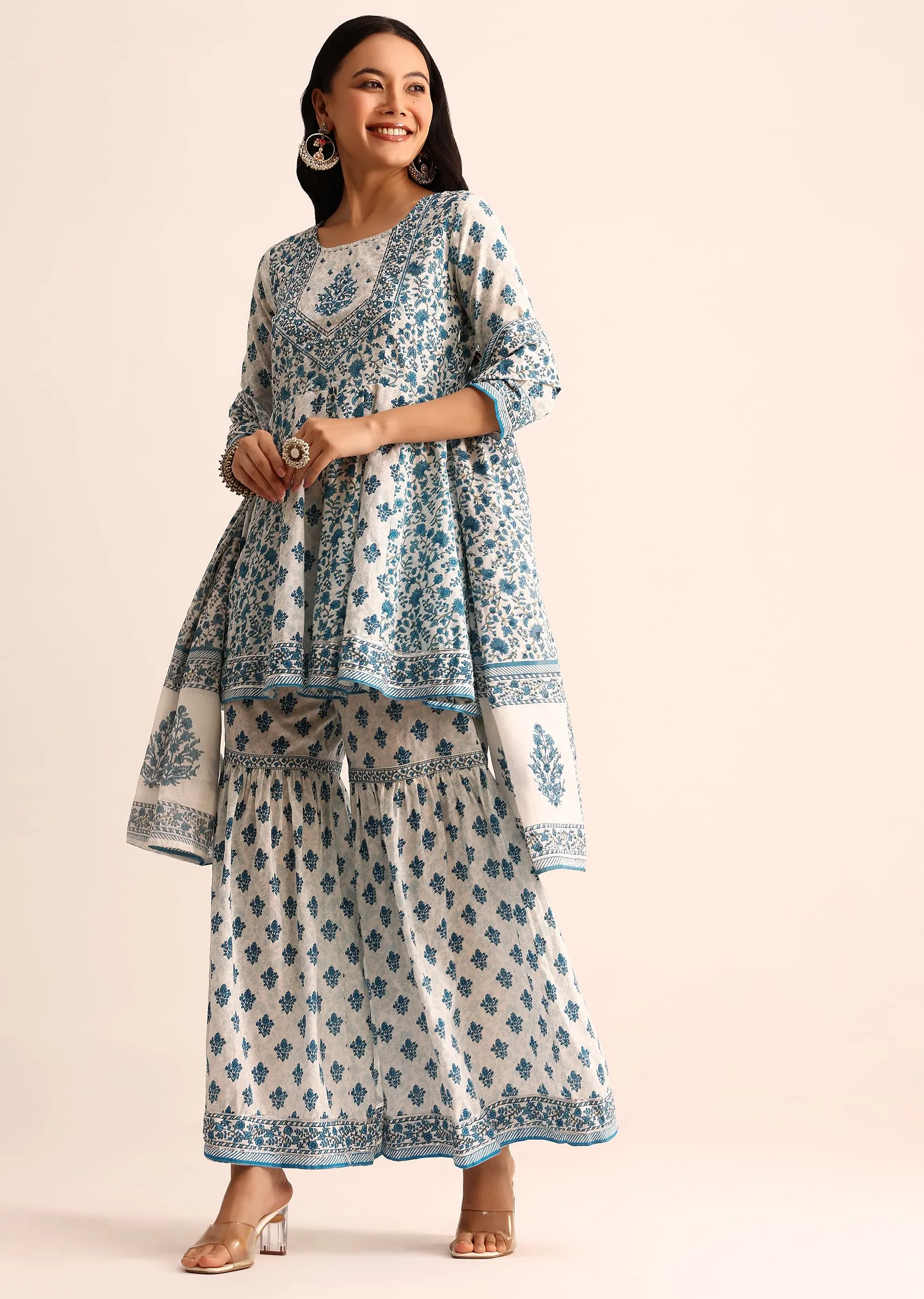 Blue And White Printed Cotton Kurta Sharara With Dupatta