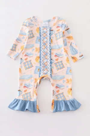 Blue plaid pumpkin print ruffle baby romper