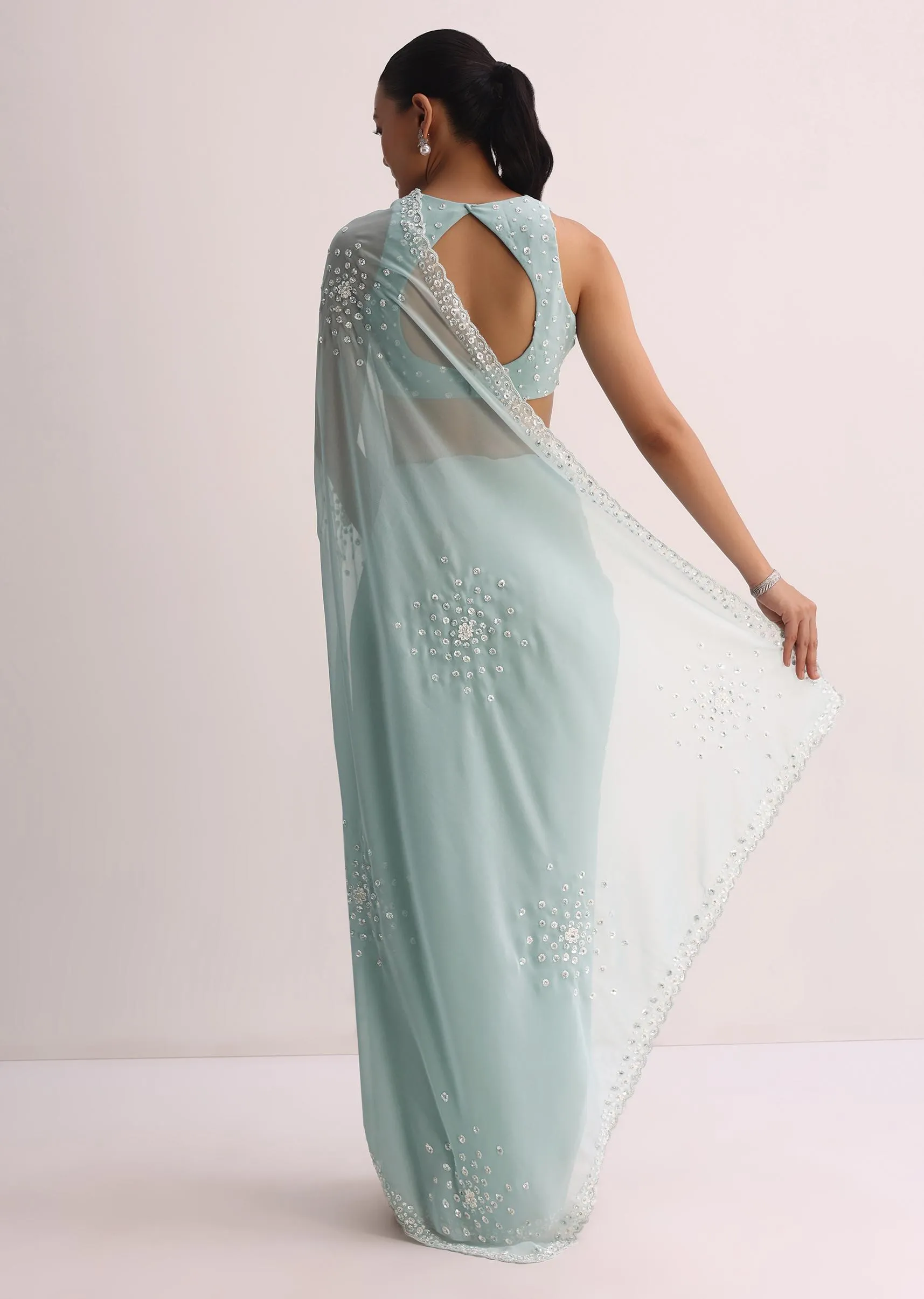 Blue Sequin Saree With Unstitched Blouse