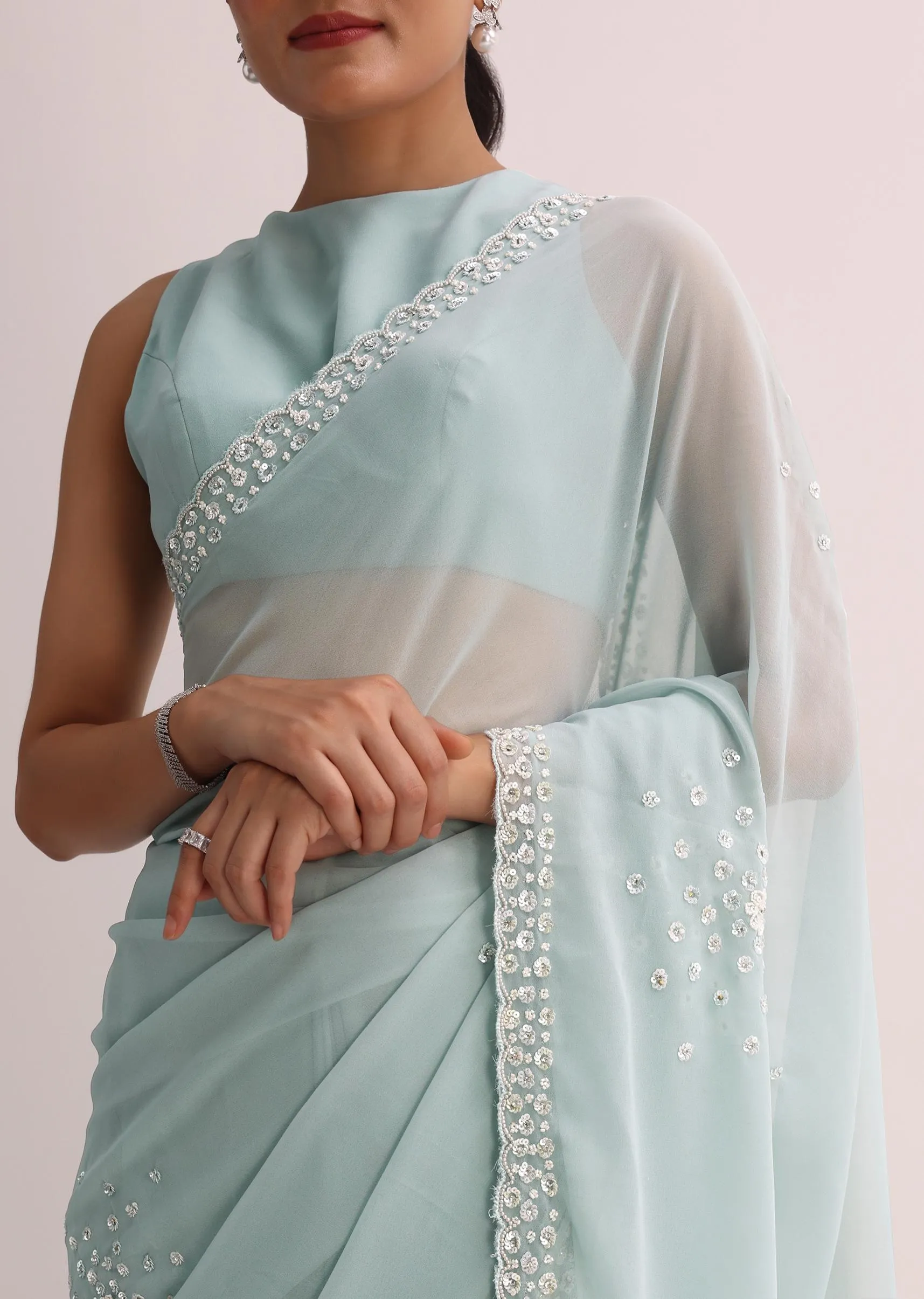 Blue Sequin Saree With Unstitched Blouse