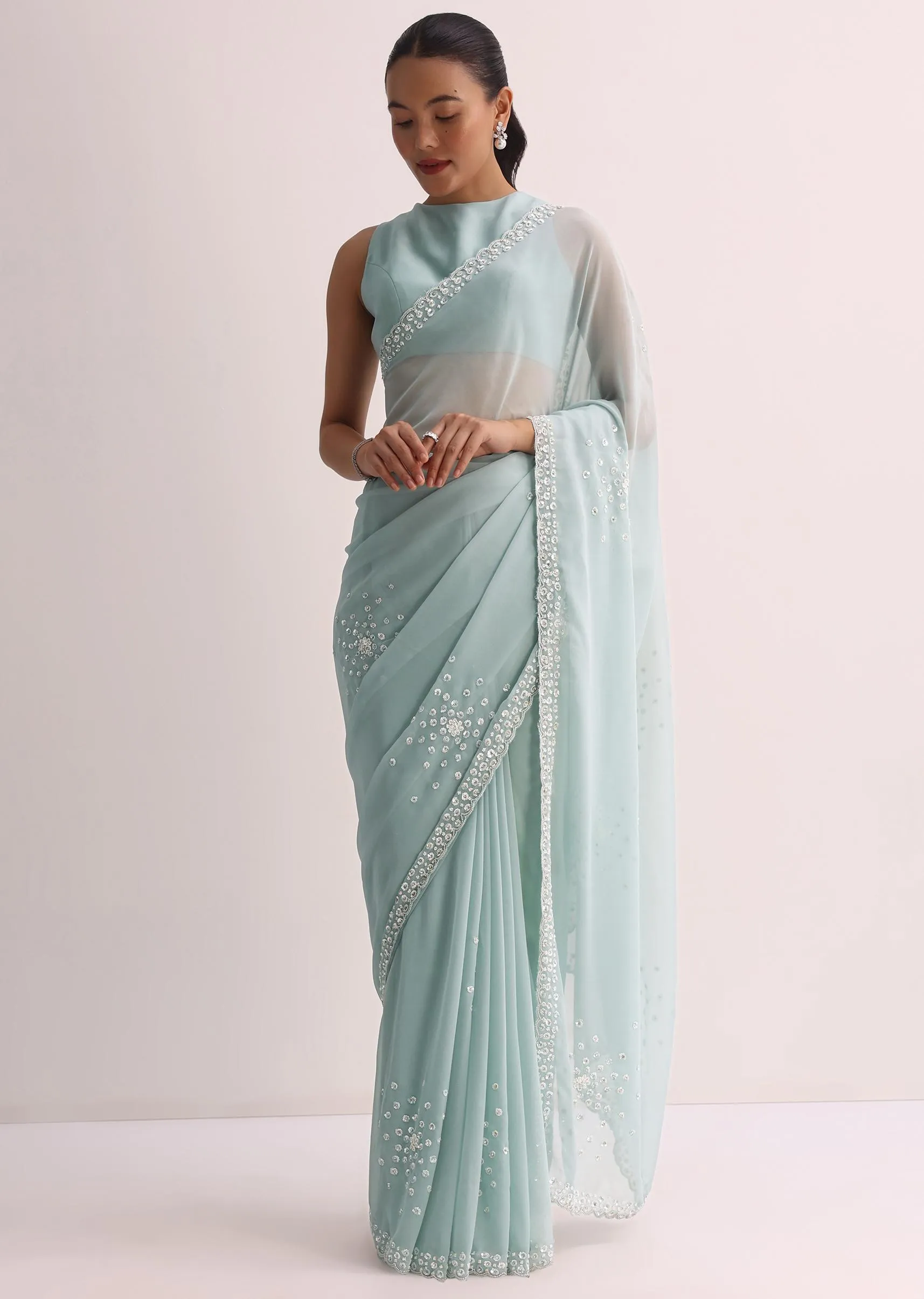 Blue Sequin Saree With Unstitched Blouse