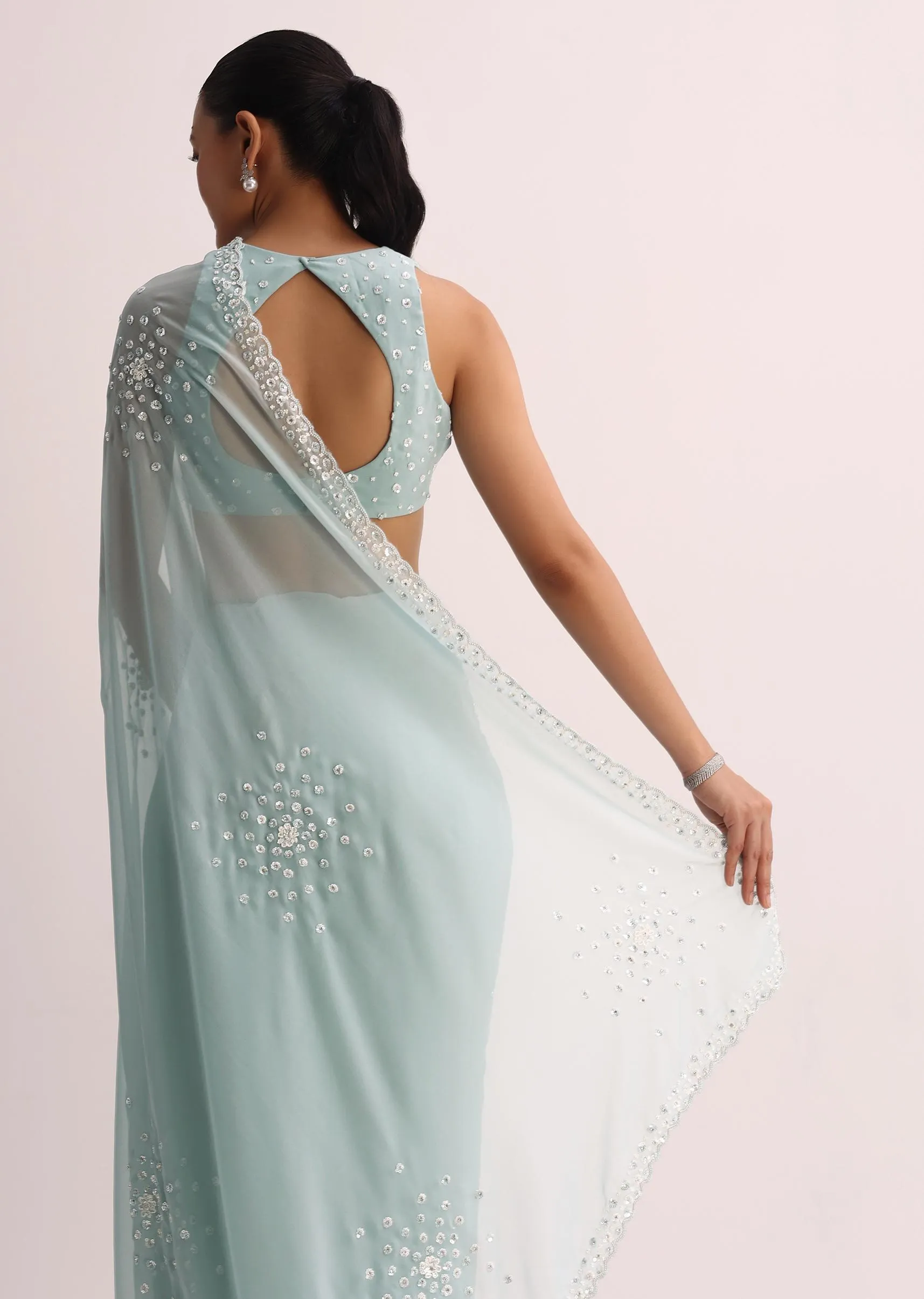 Blue Sequin Saree With Unstitched Blouse