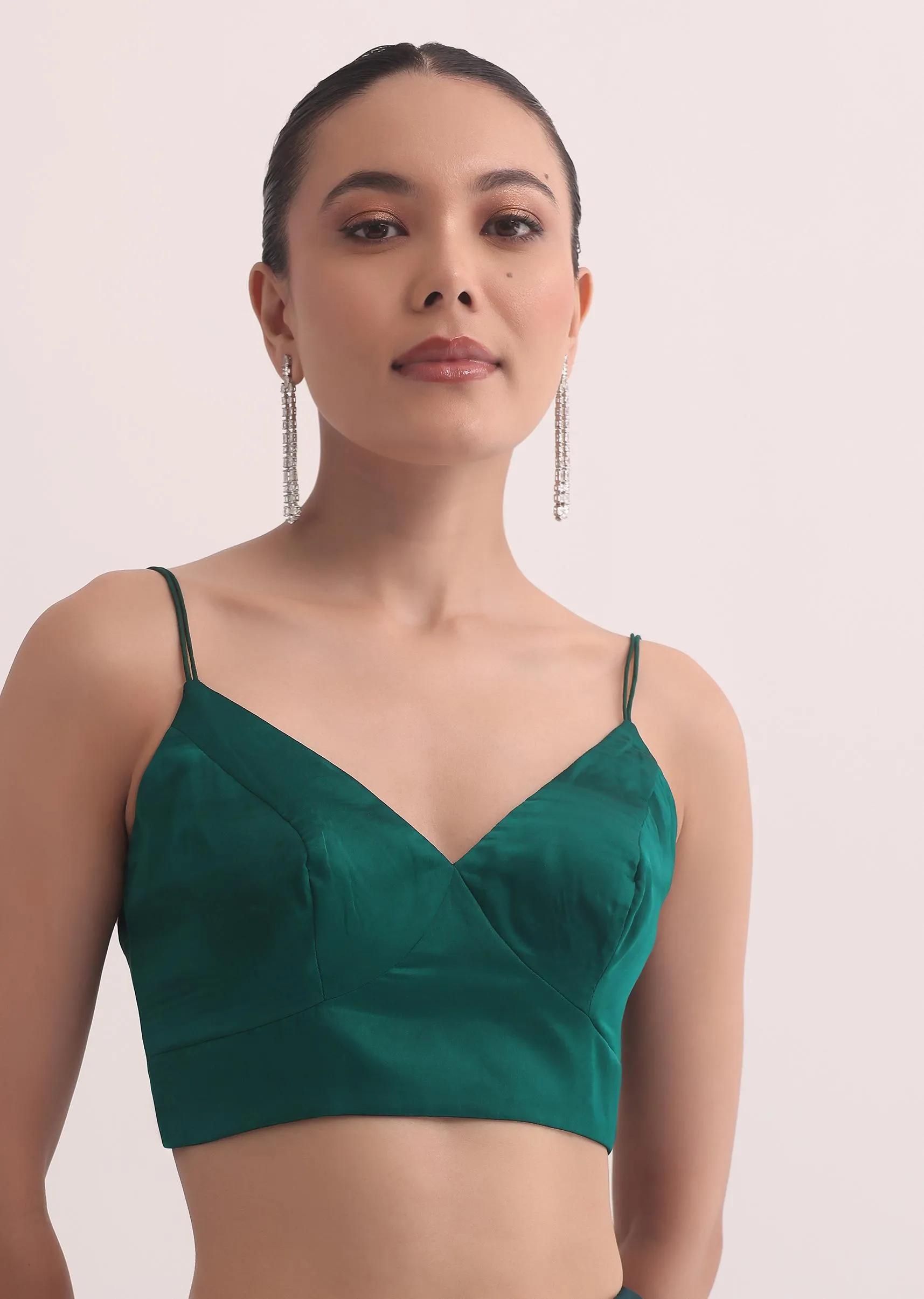 Bottle Green Satin Saree In Cutdana Embroidery With Unstitched Blouse