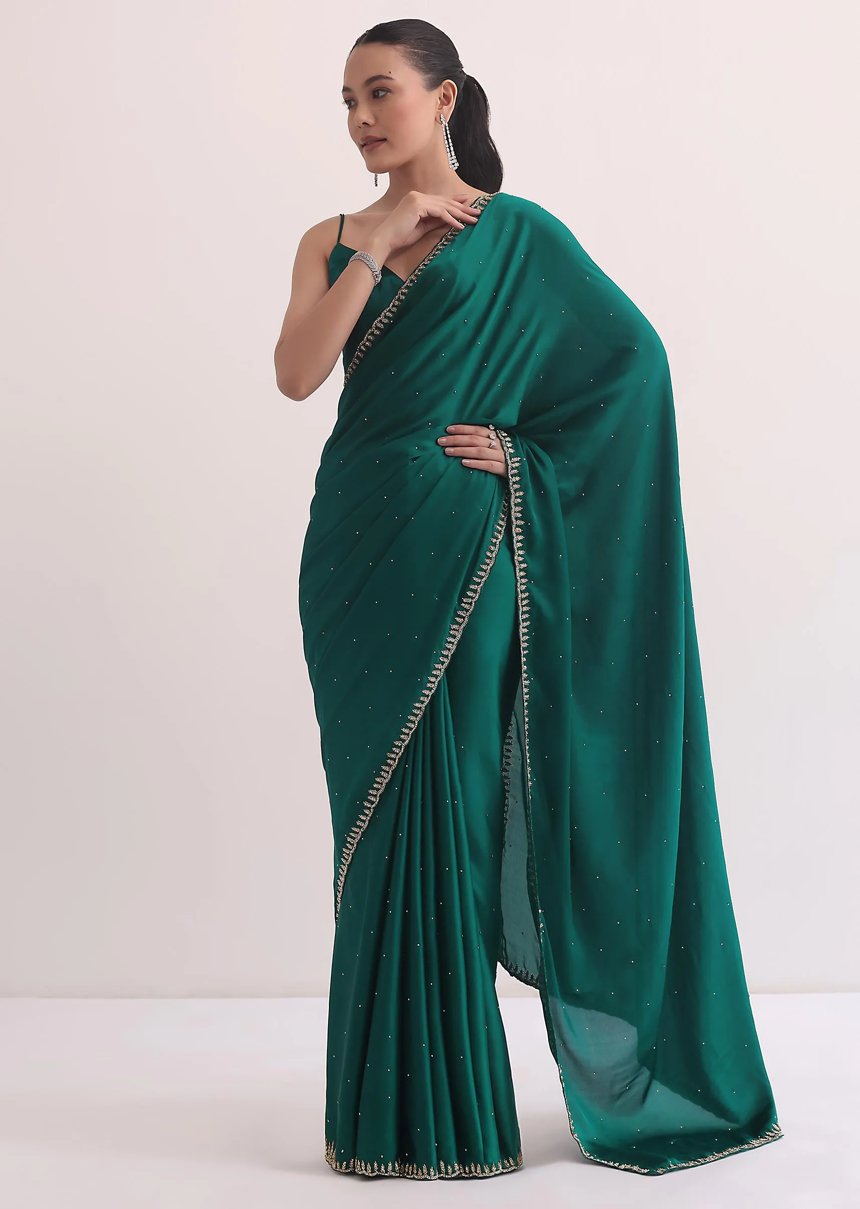 Bottle Green Satin Saree In Cutdana Embroidery With Unstitched Blouse