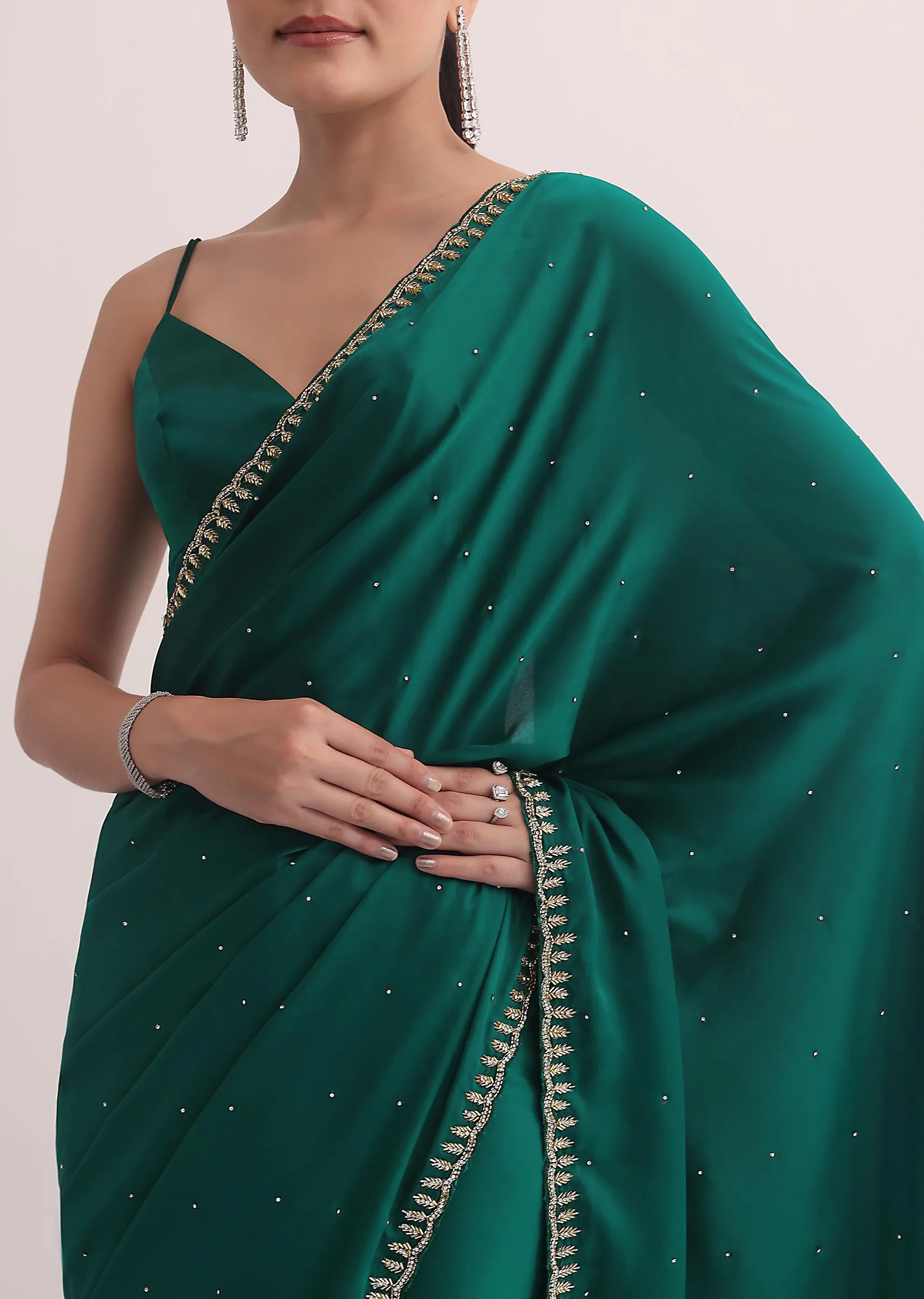 Bottle Green Satin Saree In Cutdana Embroidery With Unstitched Blouse