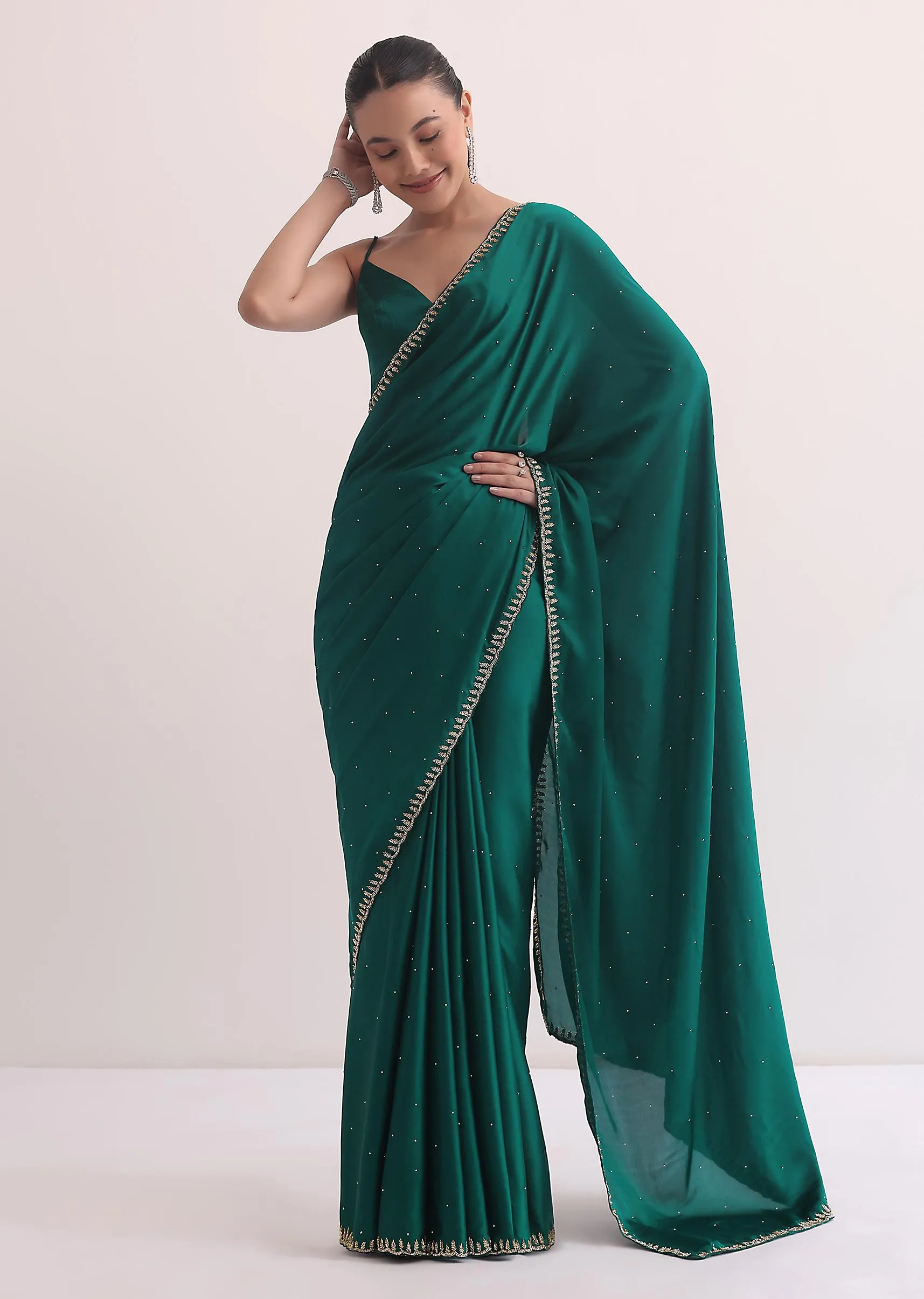 Bottle Green Satin Saree In Cutdana Embroidery With Unstitched Blouse