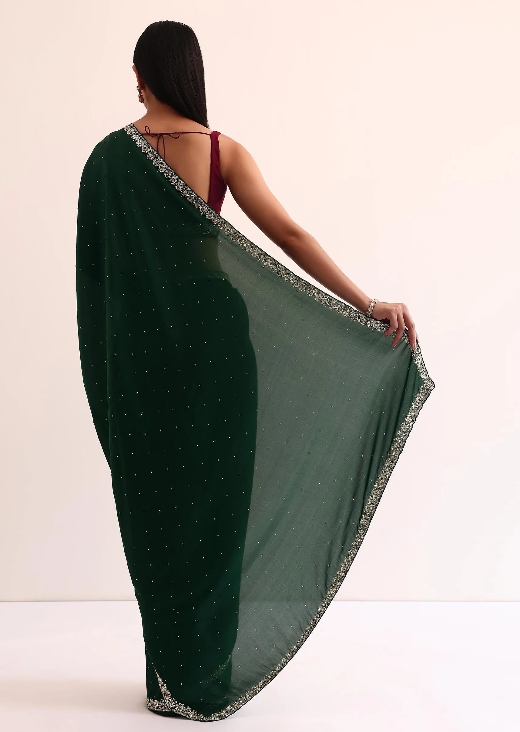 Bottle Green Satin Saree With Cut Dana Embroidery And Unstitched Blouse