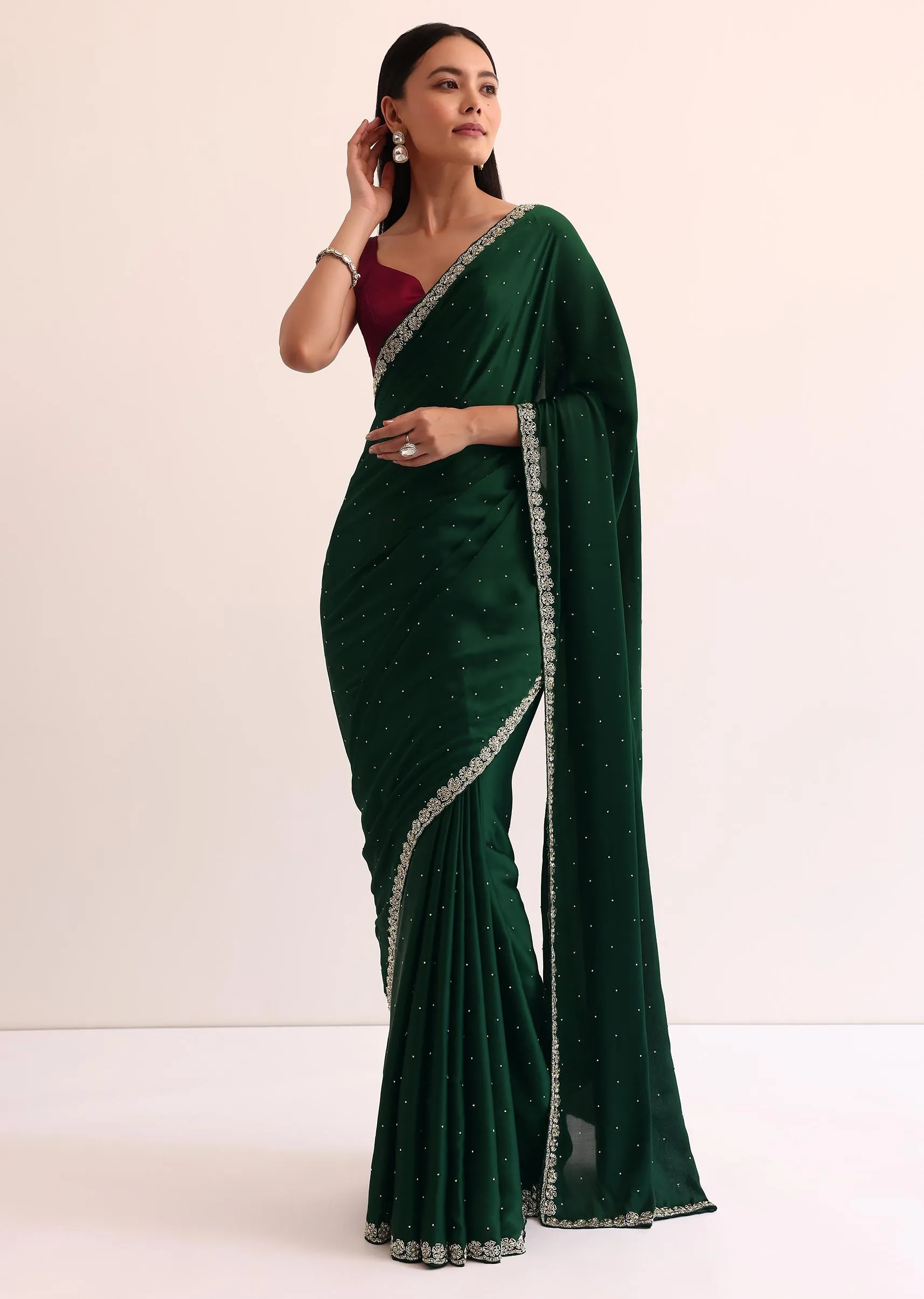 Bottle Green Satin Saree With Cut Dana Embroidery And Unstitched Blouse