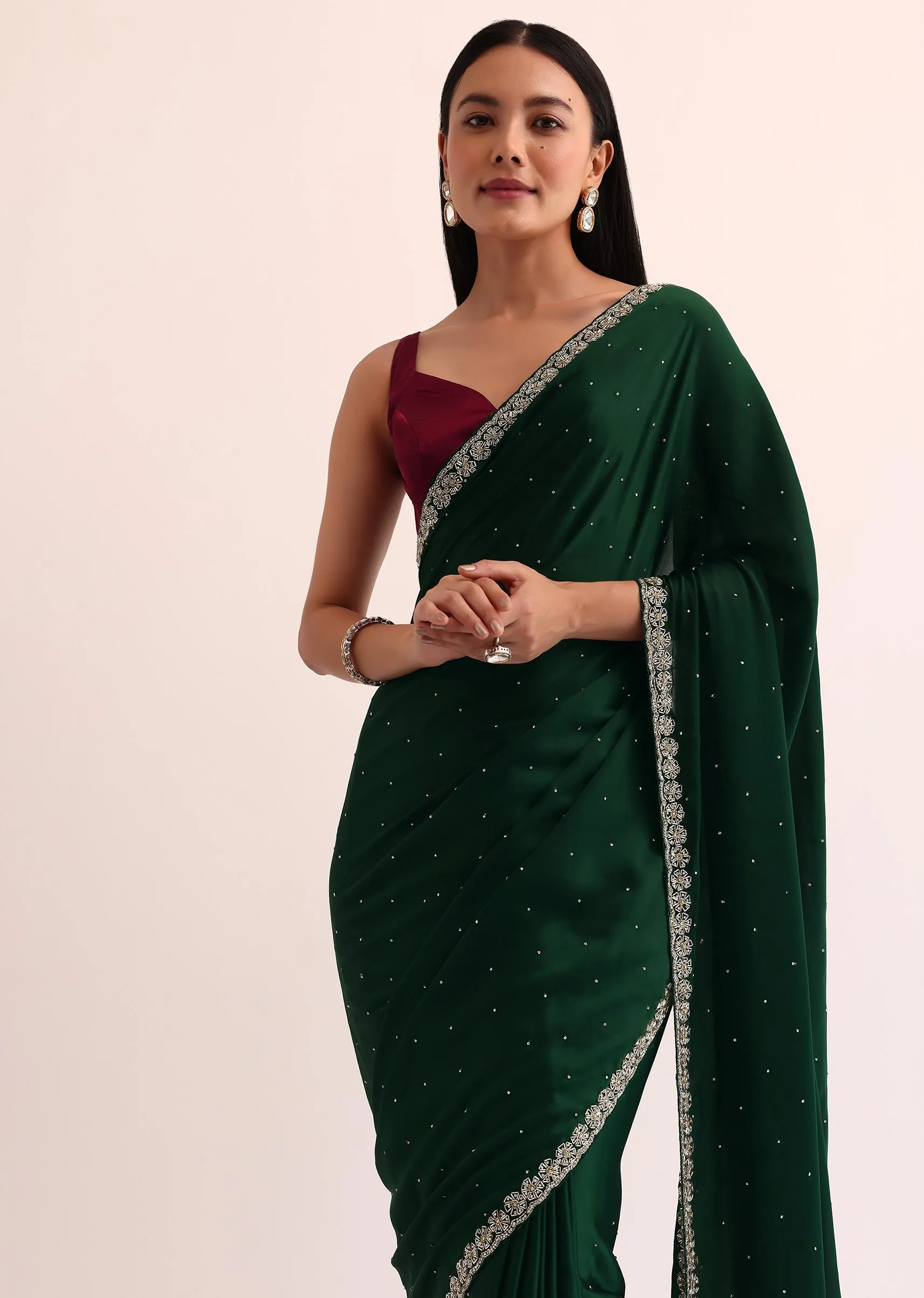 Bottle Green Satin Saree With Cut Dana Embroidery And Unstitched Blouse