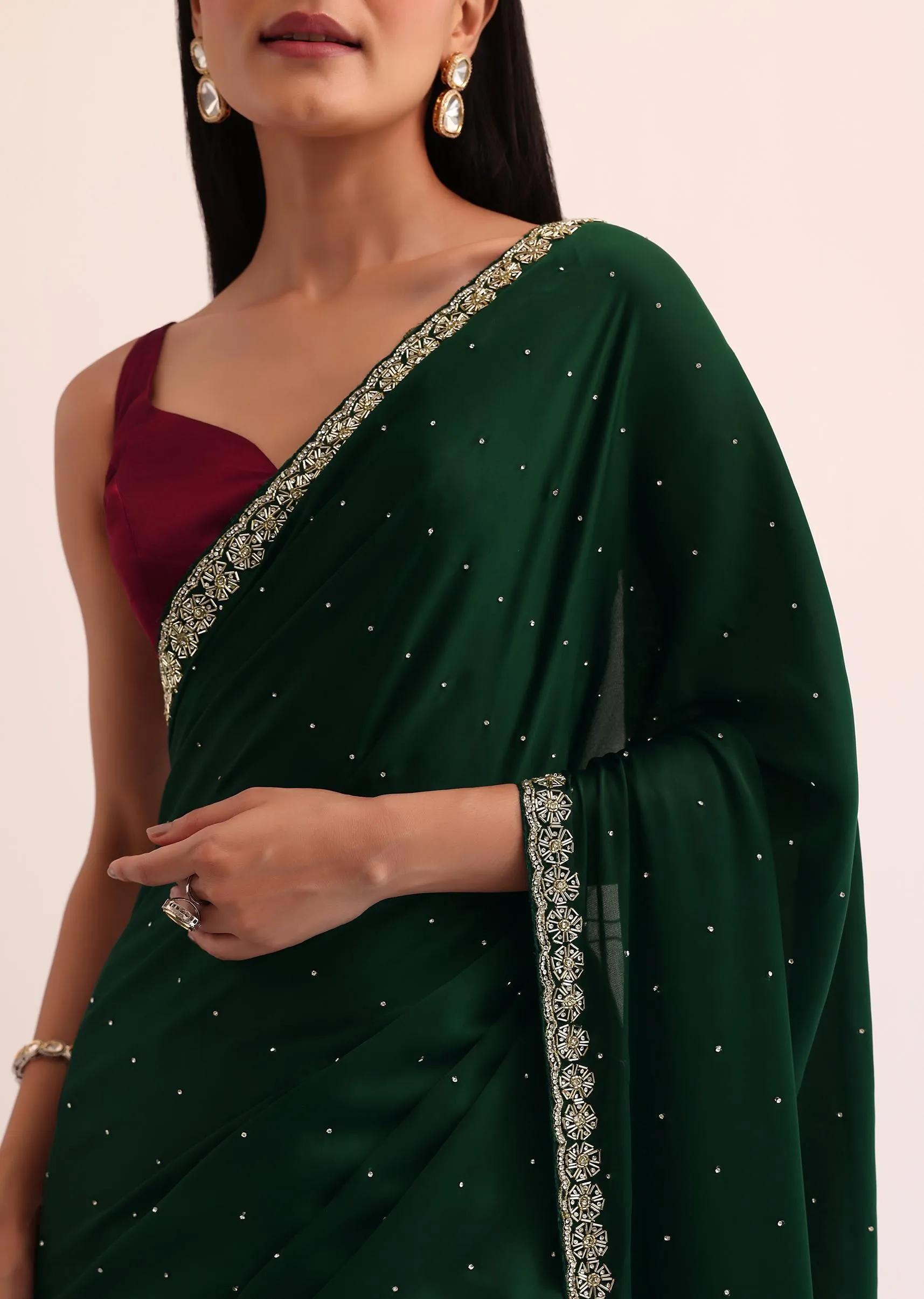 Bottle Green Satin Saree With Cut Dana Embroidery And Unstitched Blouse