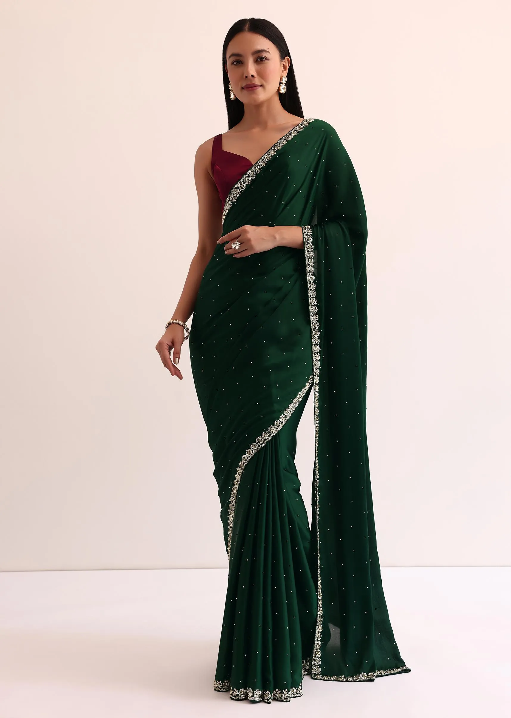 Bottle Green Satin Saree With Cut Dana Embroidery And Unstitched Blouse