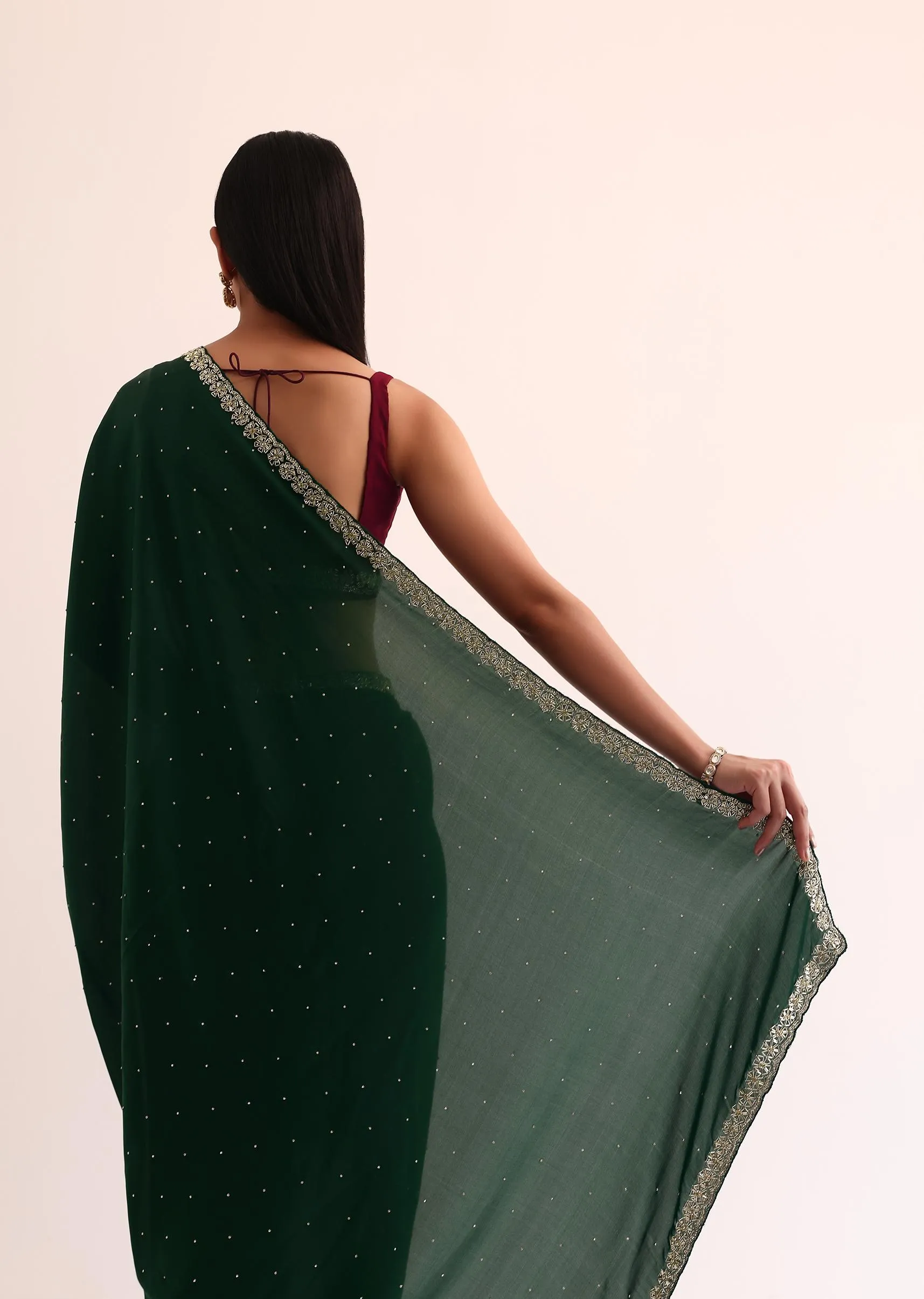 Bottle Green Satin Saree With Cut Dana Embroidery And Unstitched Blouse