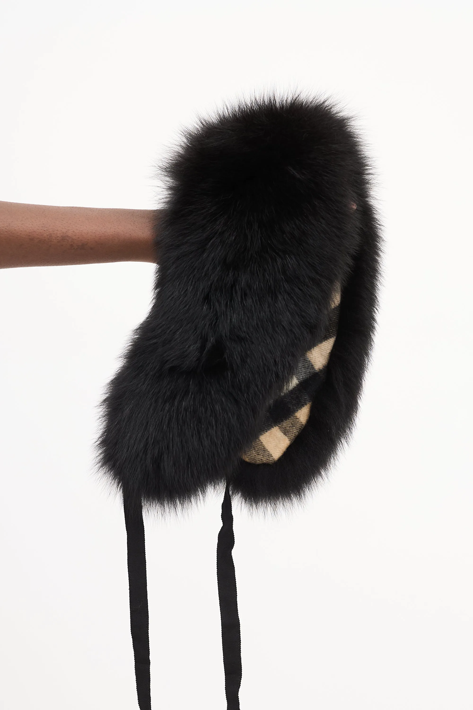 Brown Giant Check & Black Fur Collar