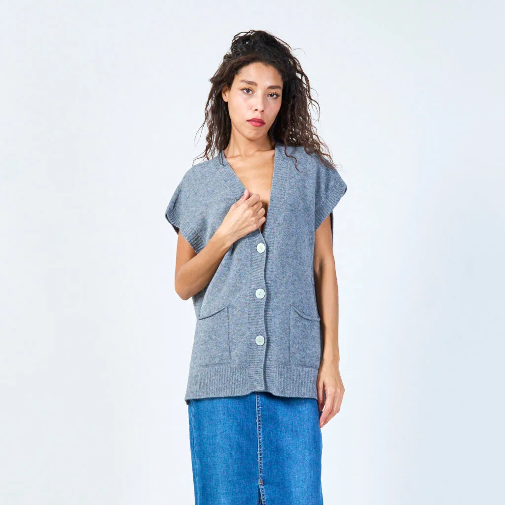 Buttoned v-neck sleeveless knit vest with pockets wholesale