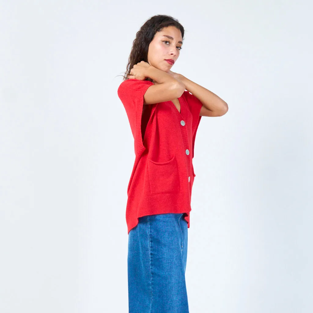 Buttoned v-neck sleeveless knit vest with pockets wholesale