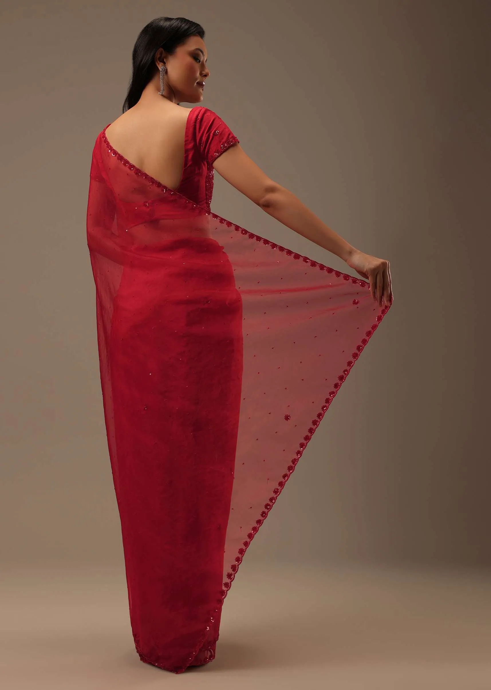 Cherry Red Organza Saree With Cut Dana And Sequins Work
