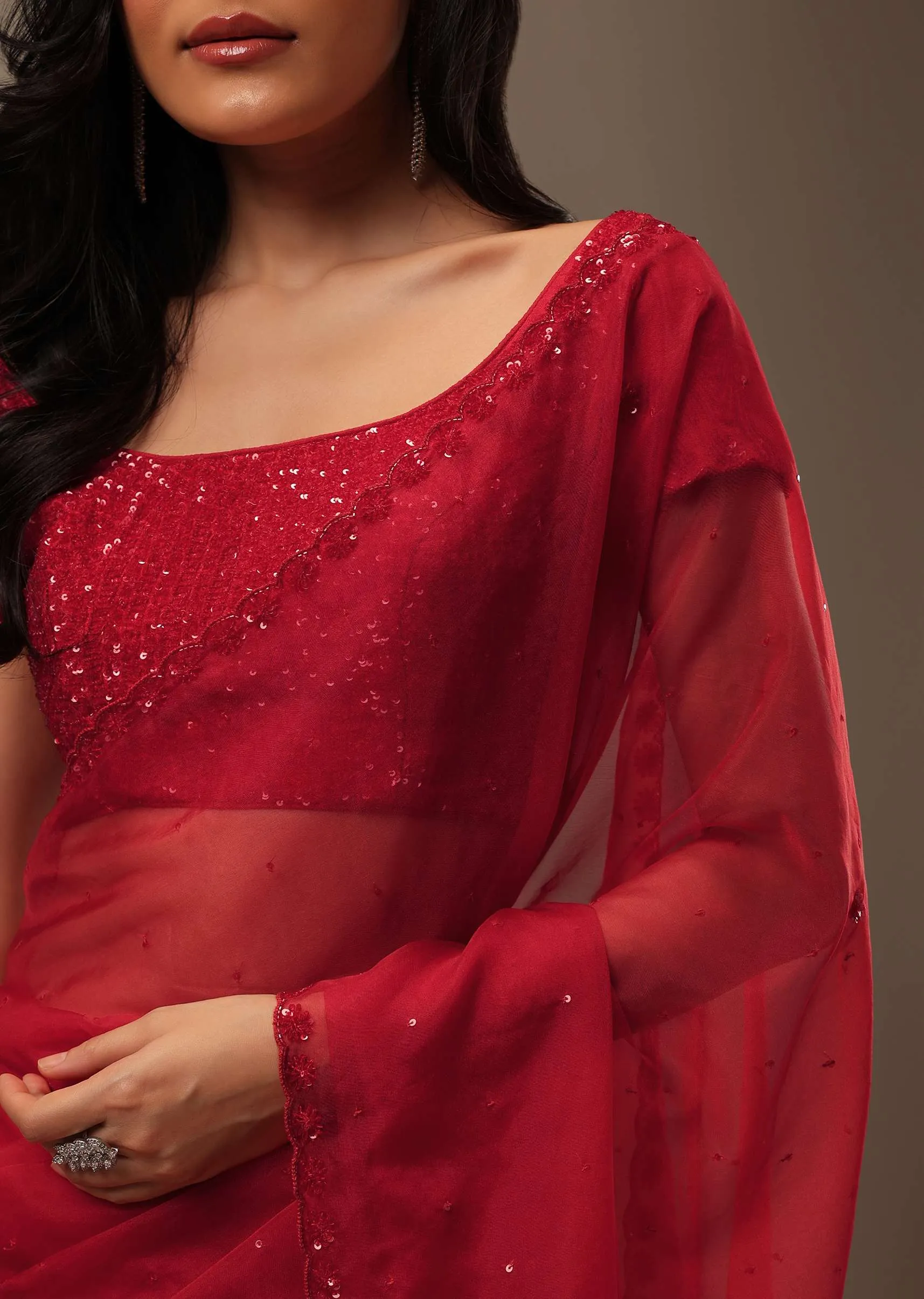 Cherry Red Organza Saree With Cut Dana And Sequins Work